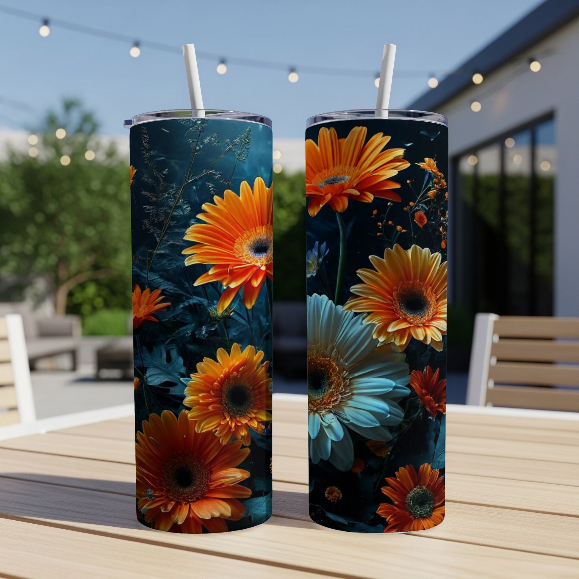 Two tall tumblers with orange and white gerbera daisies on a patio table.