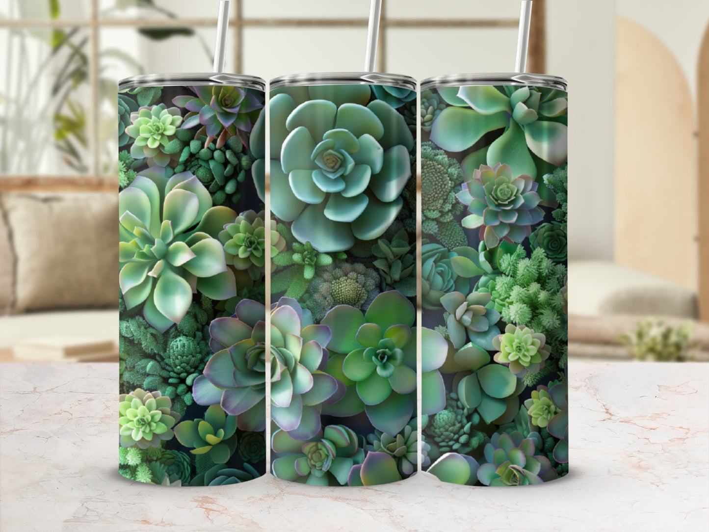 Three tumblers with a succulent plant pattern.