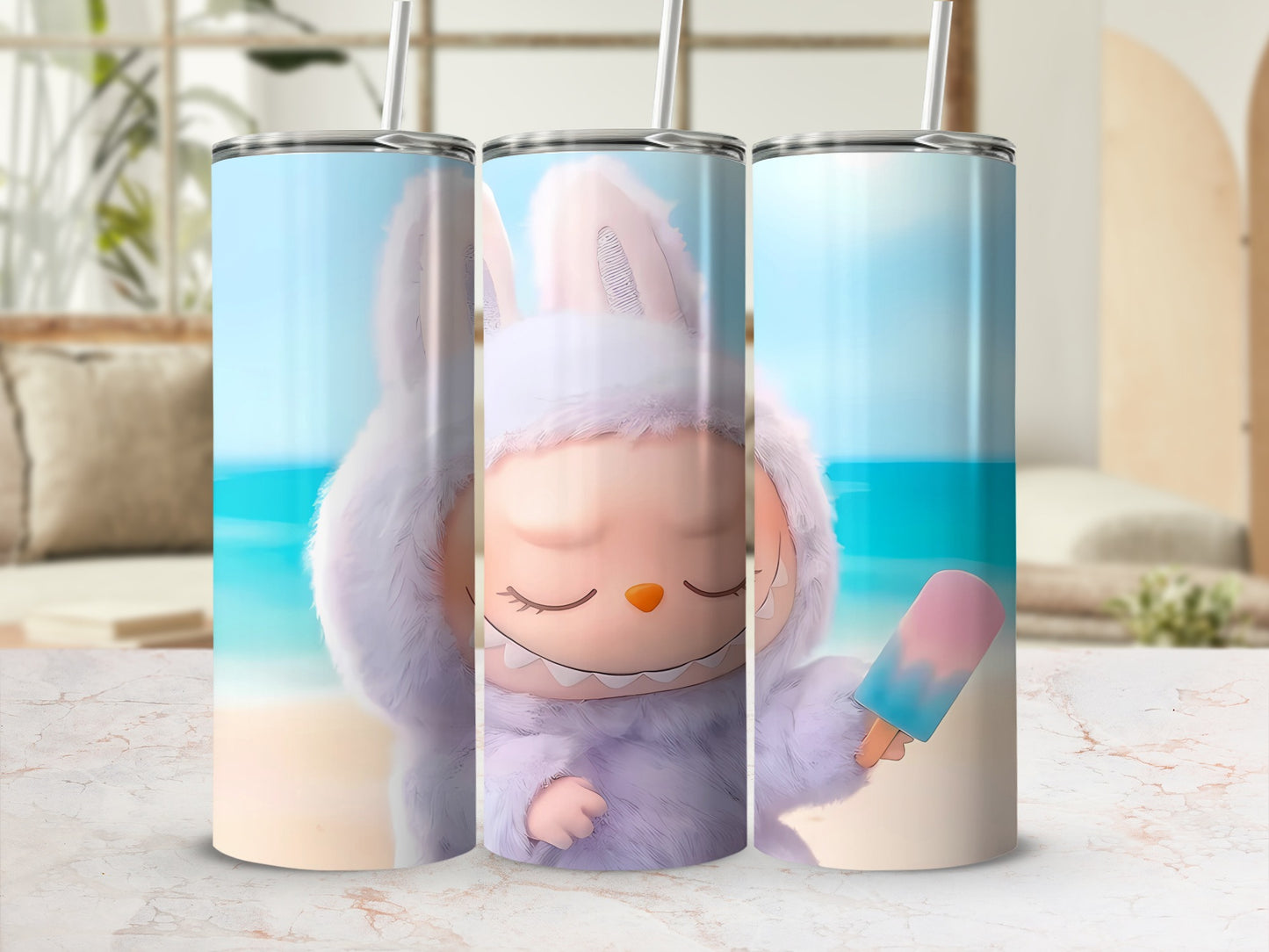 Cute Beach Scene Bunny with Popsicle Design Tumbler
