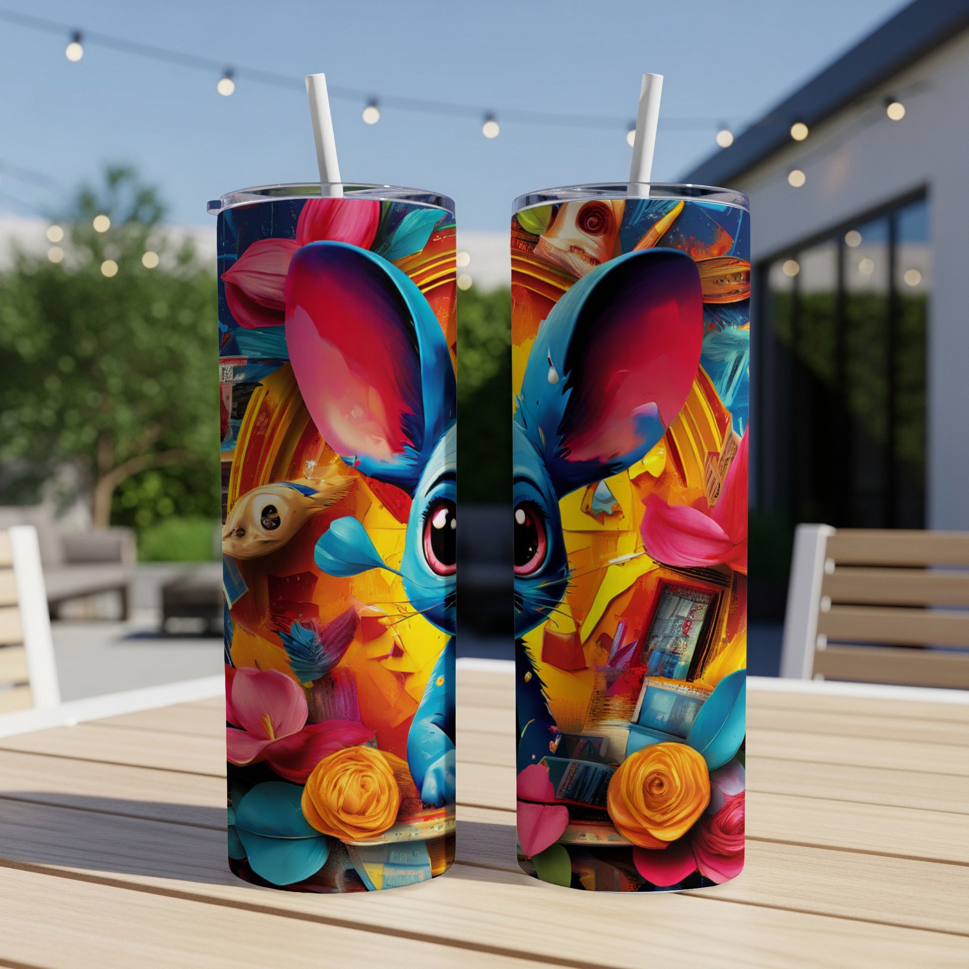 Two skinny tumblers with a vibrant, cartoon-style bunny character and floral design.