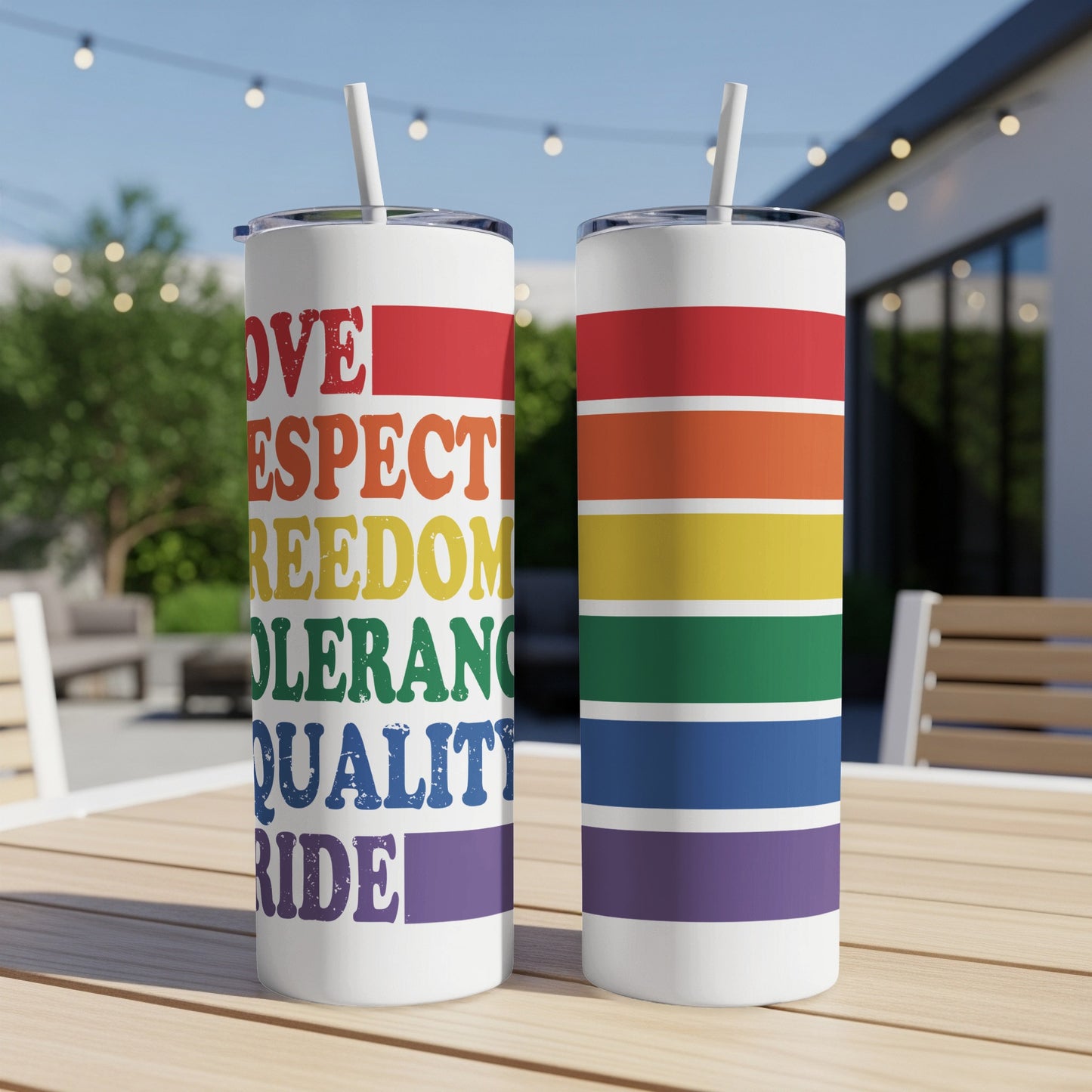 Rainbow striped tumblers with Pride-themed text: love, respect, freedom, equality, pride.