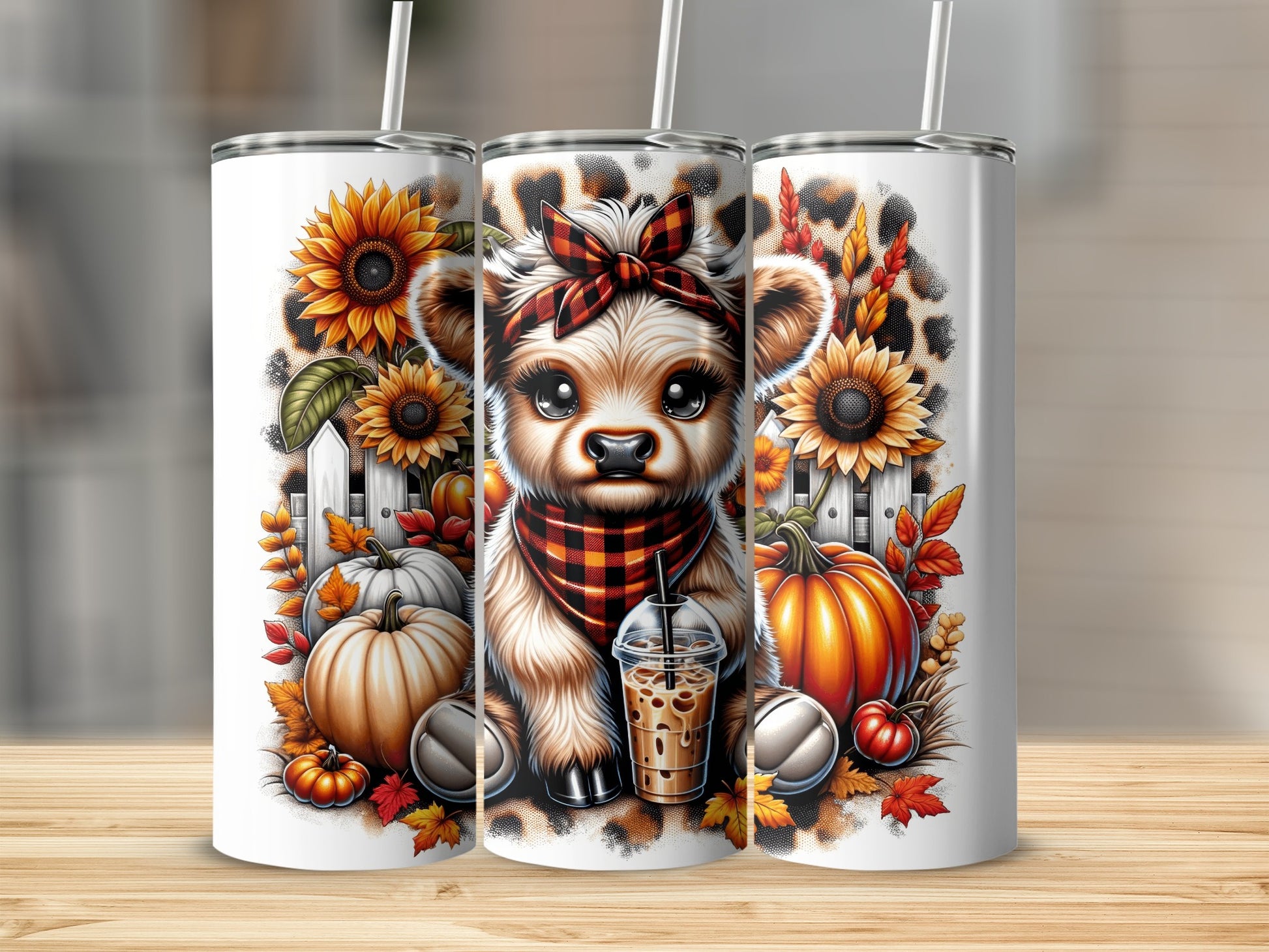 Cow with plaid bandana and iced coffee, surrounded by pumpkins and sunflowers.