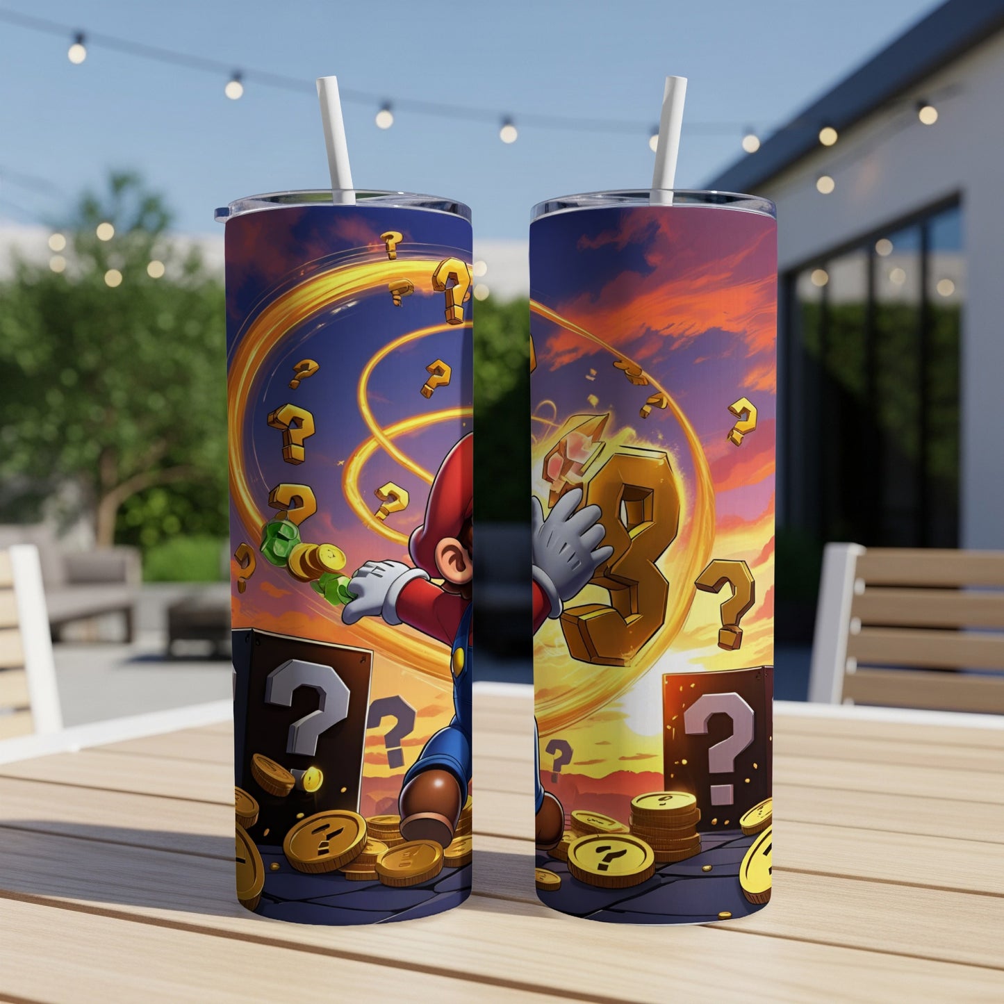 Mario character on a tumbler with coins, question marks, and a golden 3.