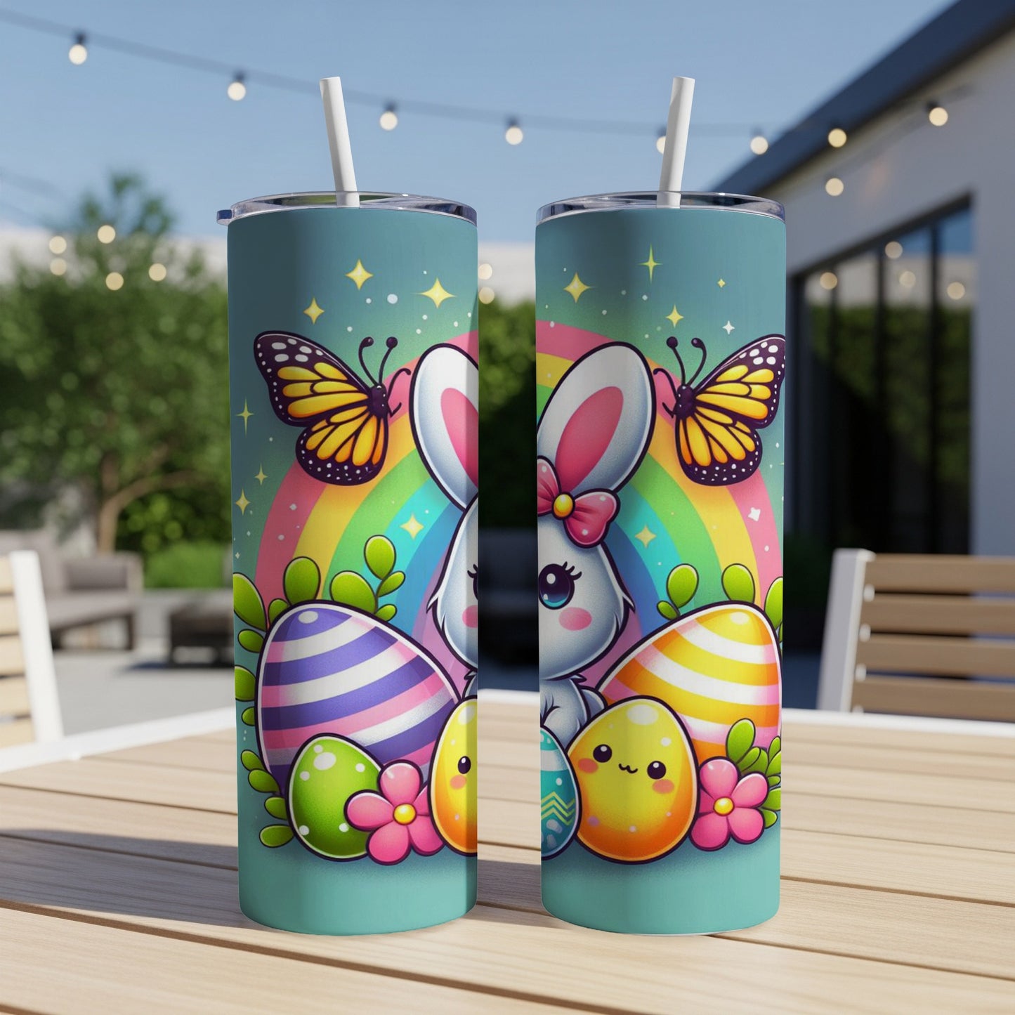 Two colorful Easter bunny tumblers with eggs, butterflies, and a rainbow.