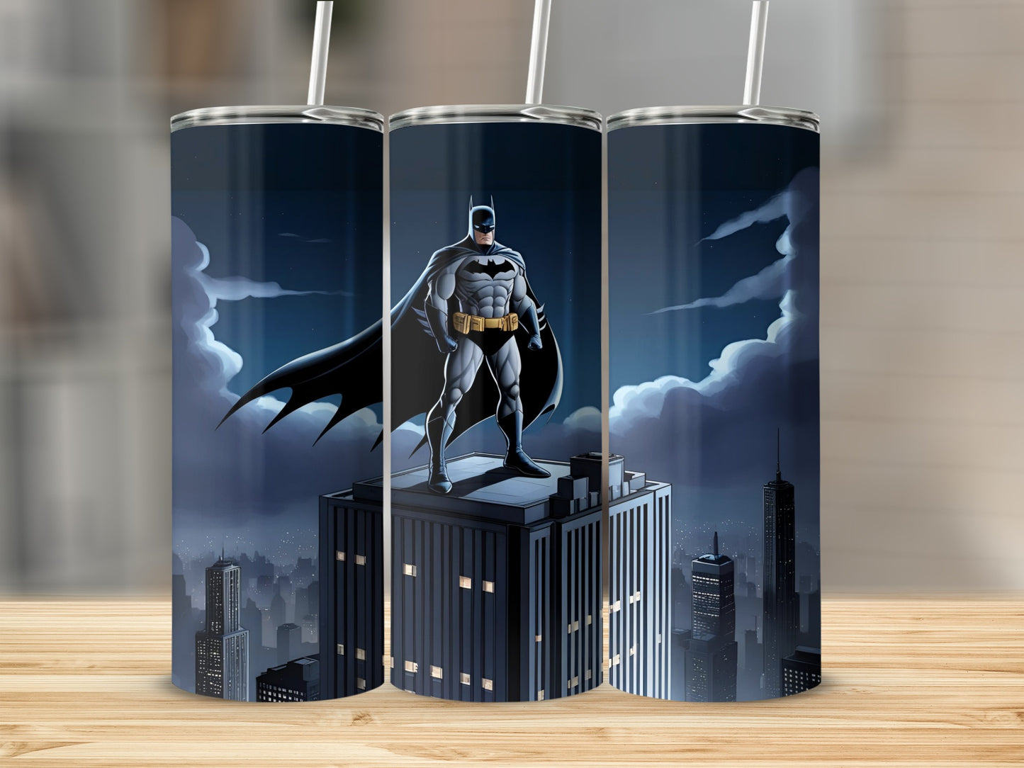 Batman standing atop a skyscraper in a city at night.
