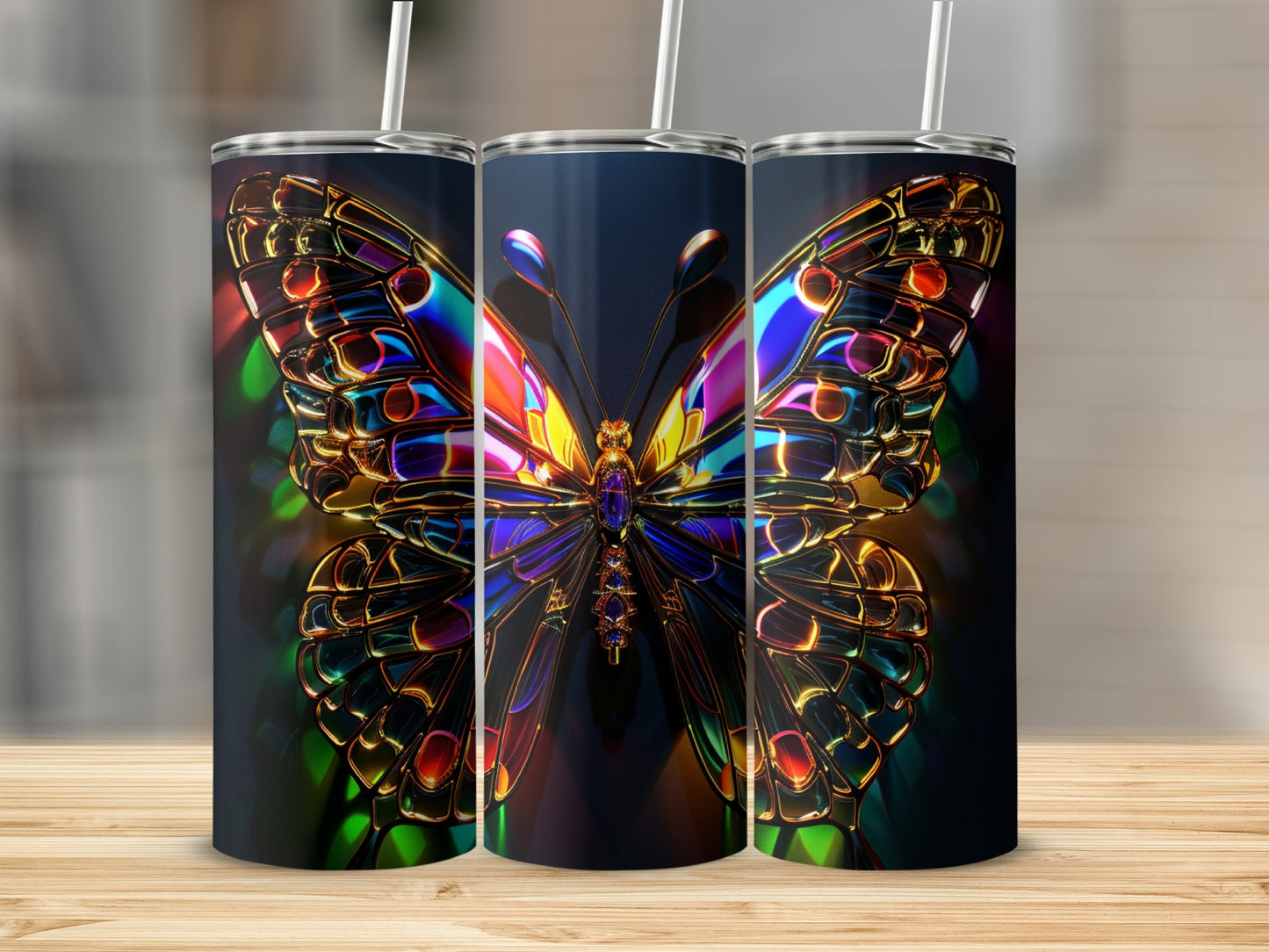 Three tumblers displaying a vibrant, iridescent stained-glass butterfly design.