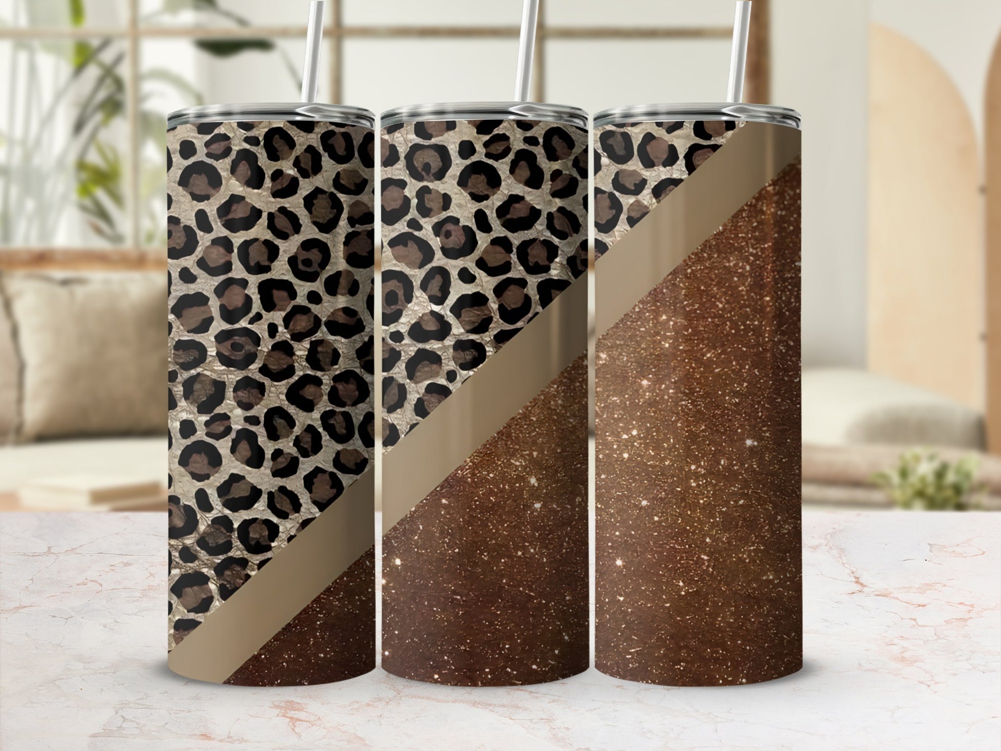 Three tumblers with leopard print and glitter design.