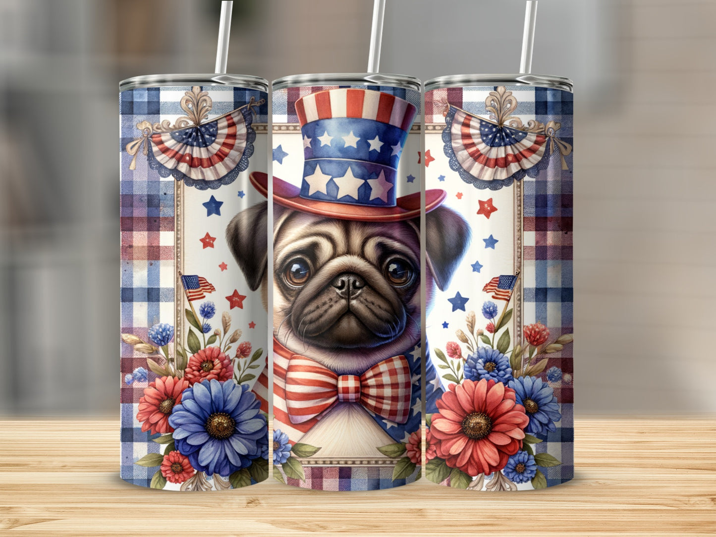 Pug wearing a patriotic hat and bowtie, surrounded by flowers.