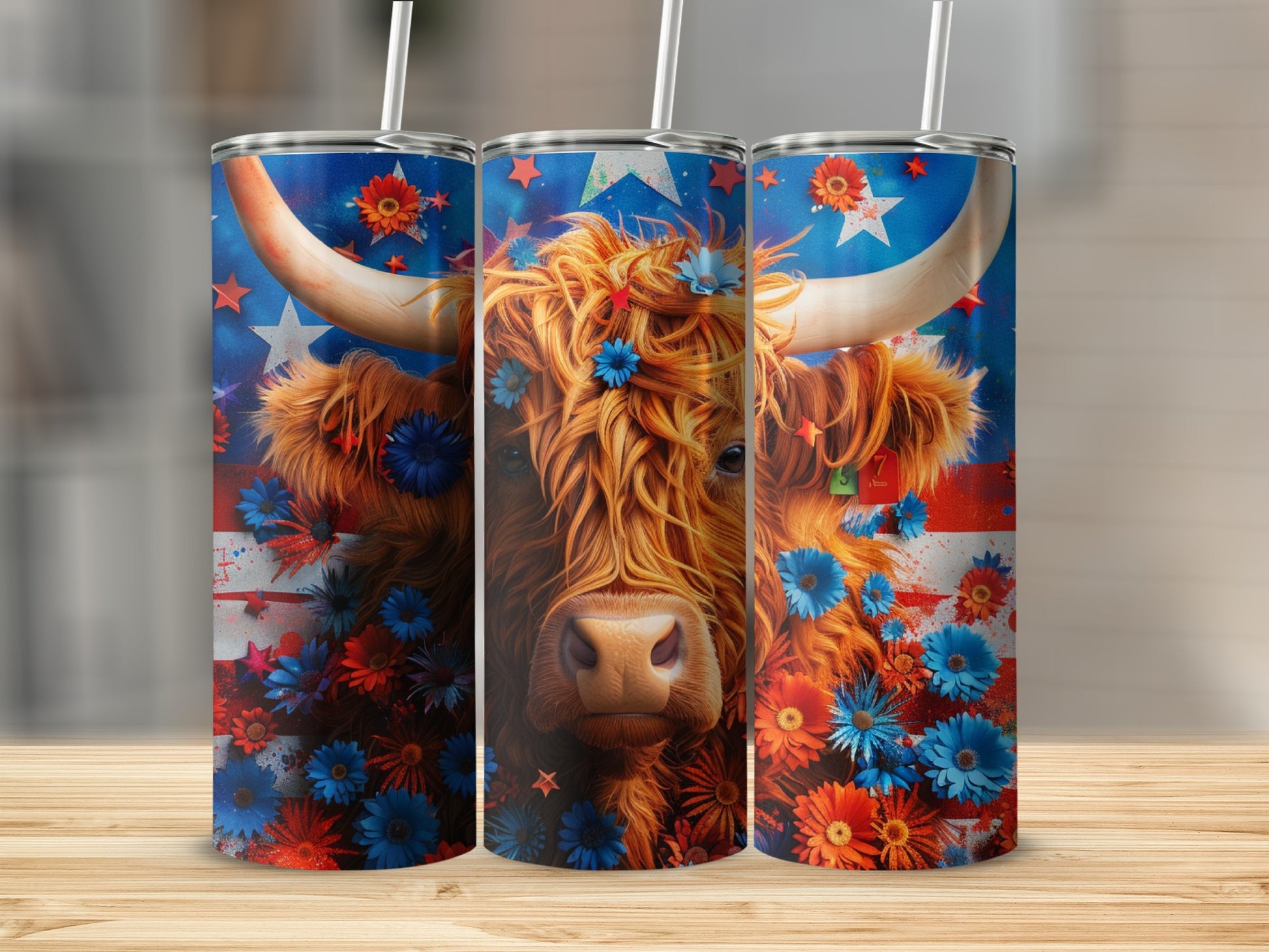 Highland cow with American flag and floral design on a tumbler.