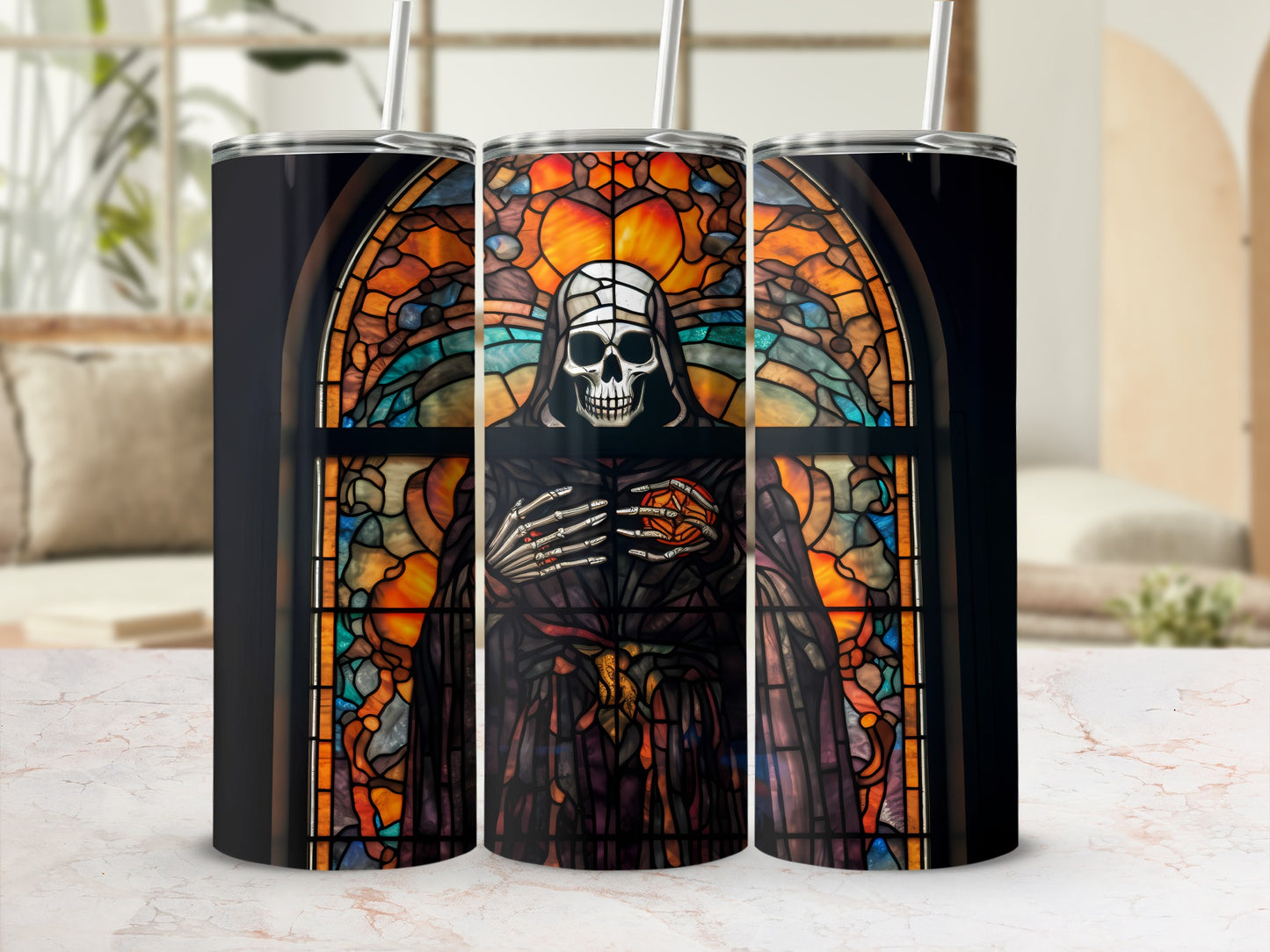 Stained glass tumbler featuring a skeletal figure in robes with a glowing orb.
