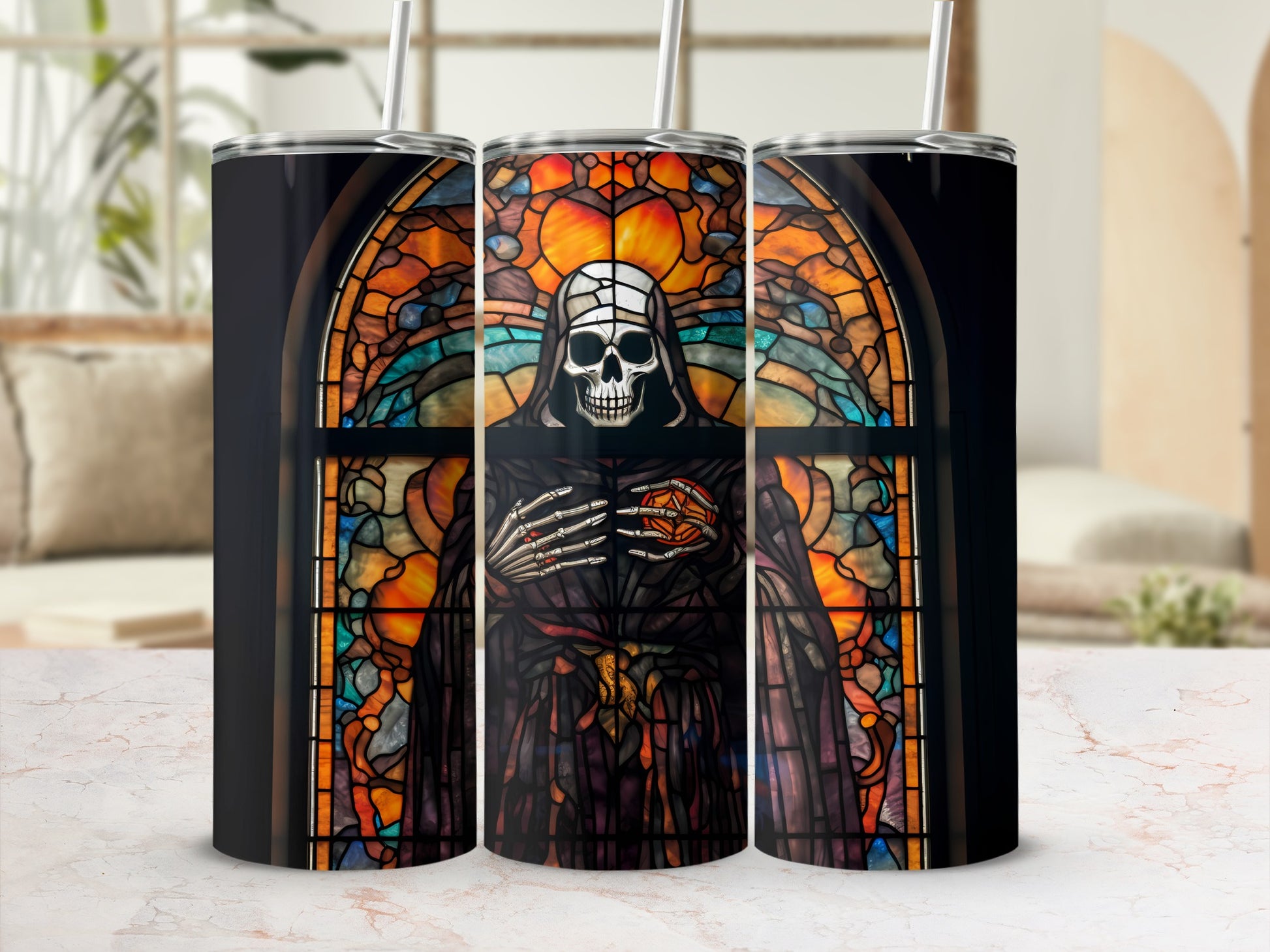 Stained glass tumbler featuring a skeletal figure in robes with a glowing orb.
