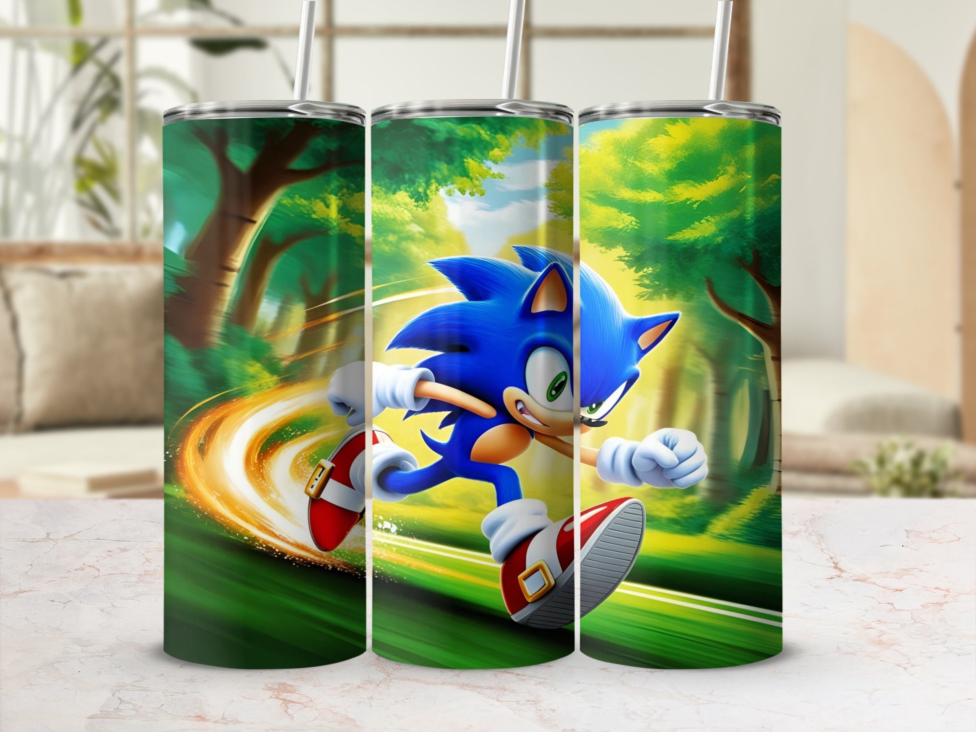 Sonic the Hedgehog running through a forest with motion blur.