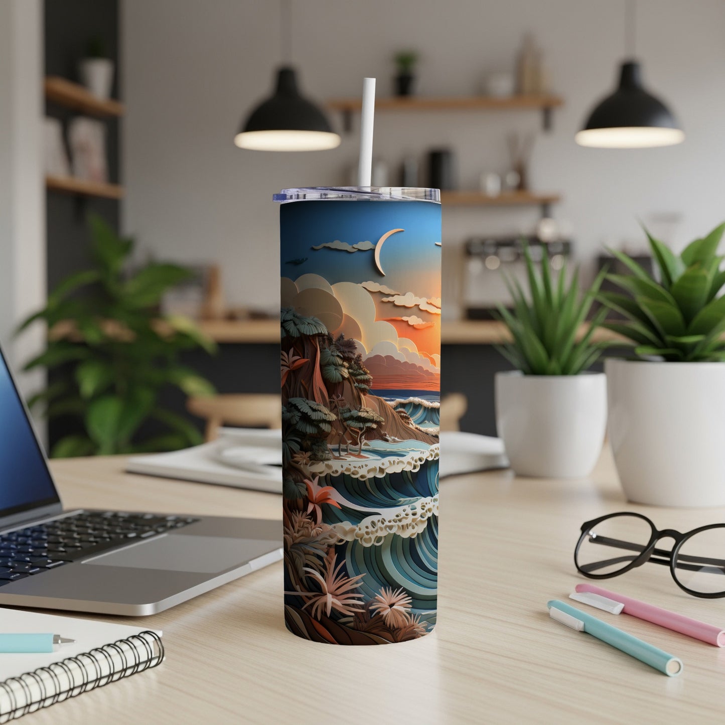 Beach scene with palm trees and waves on a tumbler.