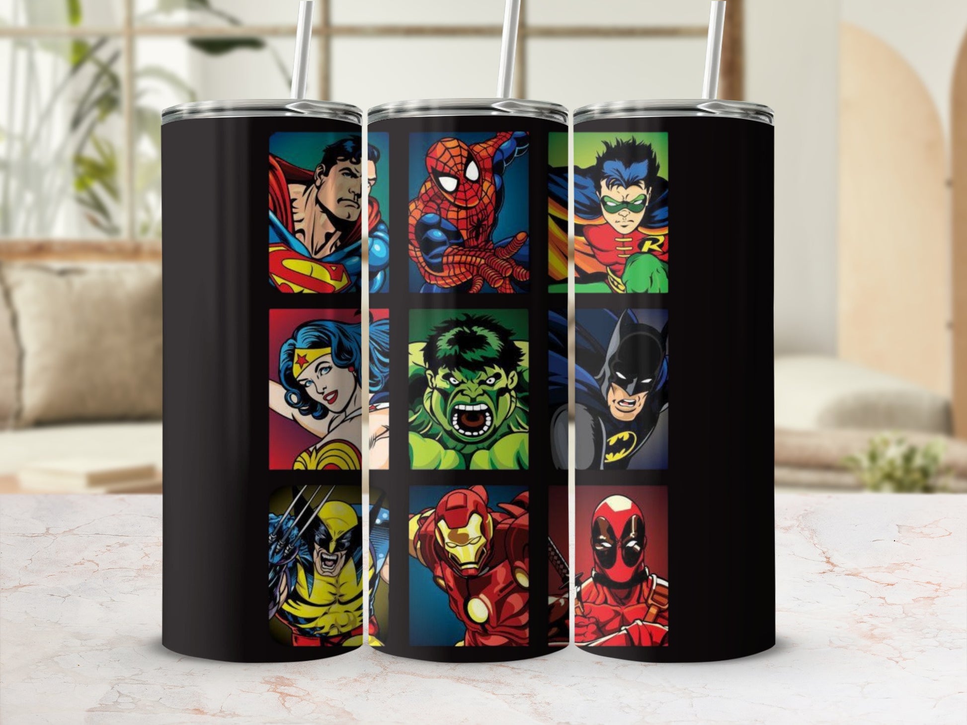 Superhero Character Illustration Tumbler with Straws