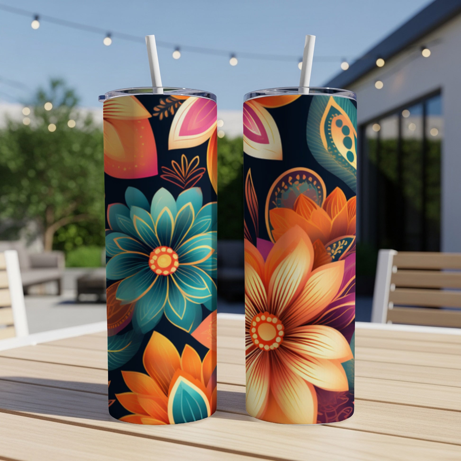 Two tumblers with vibrant floral patterns sit on a table outdoors.