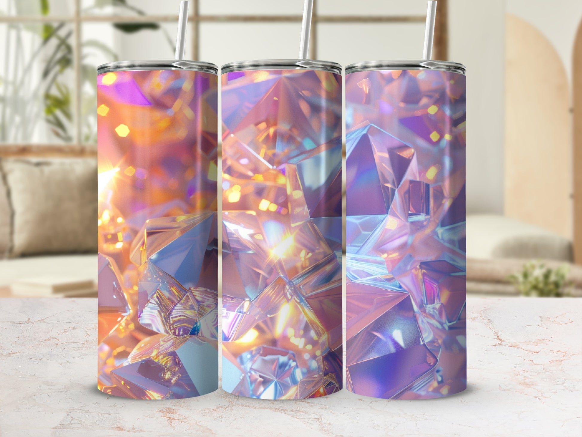 Three tumblers with faceted crystal and bokeh background.