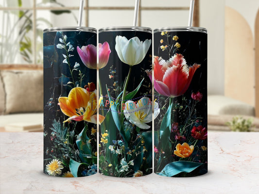 Three tumblers featuring colorful tulips and "Happy Birthday" text.