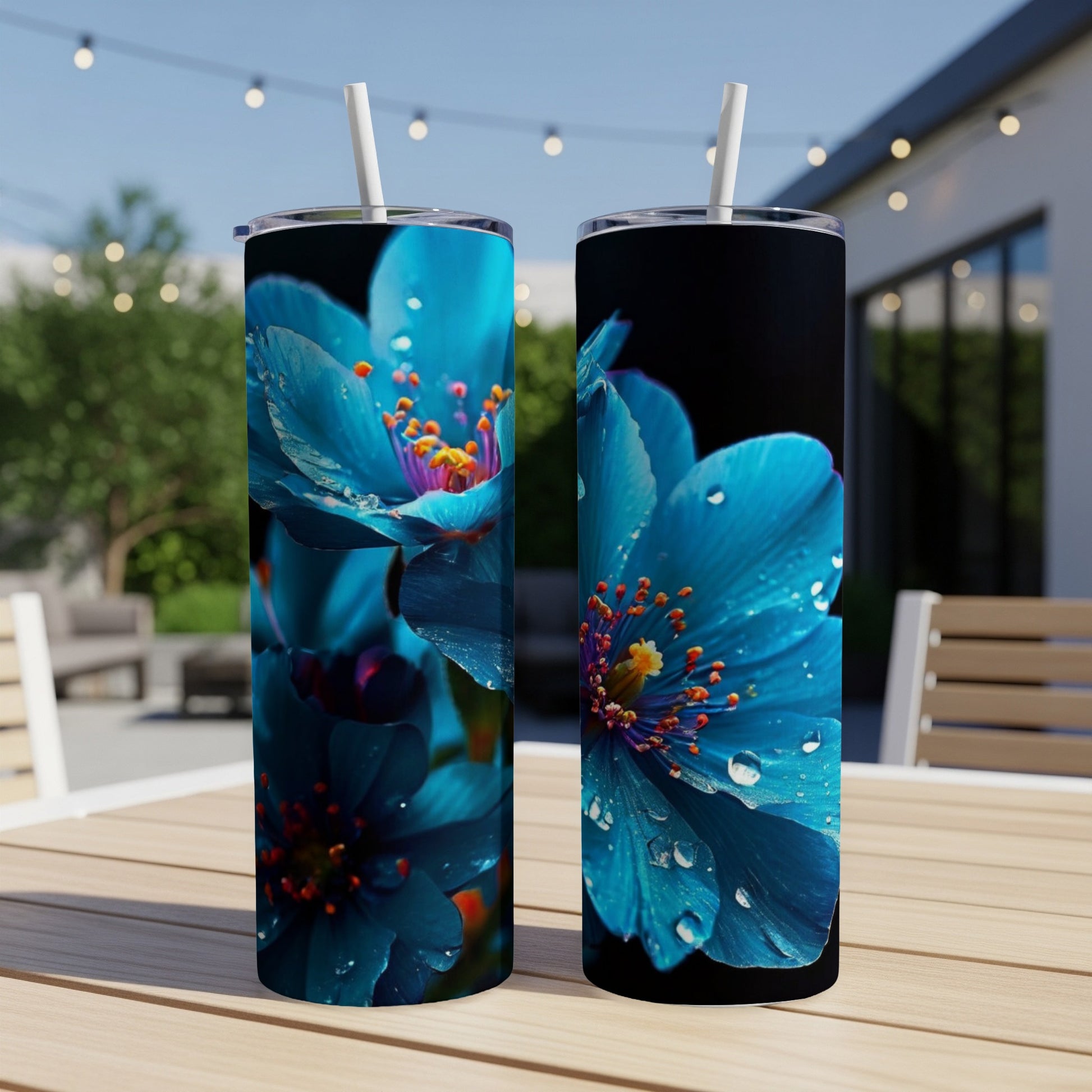 Two blue flowers with water droplets on a tumbler, outdoors.