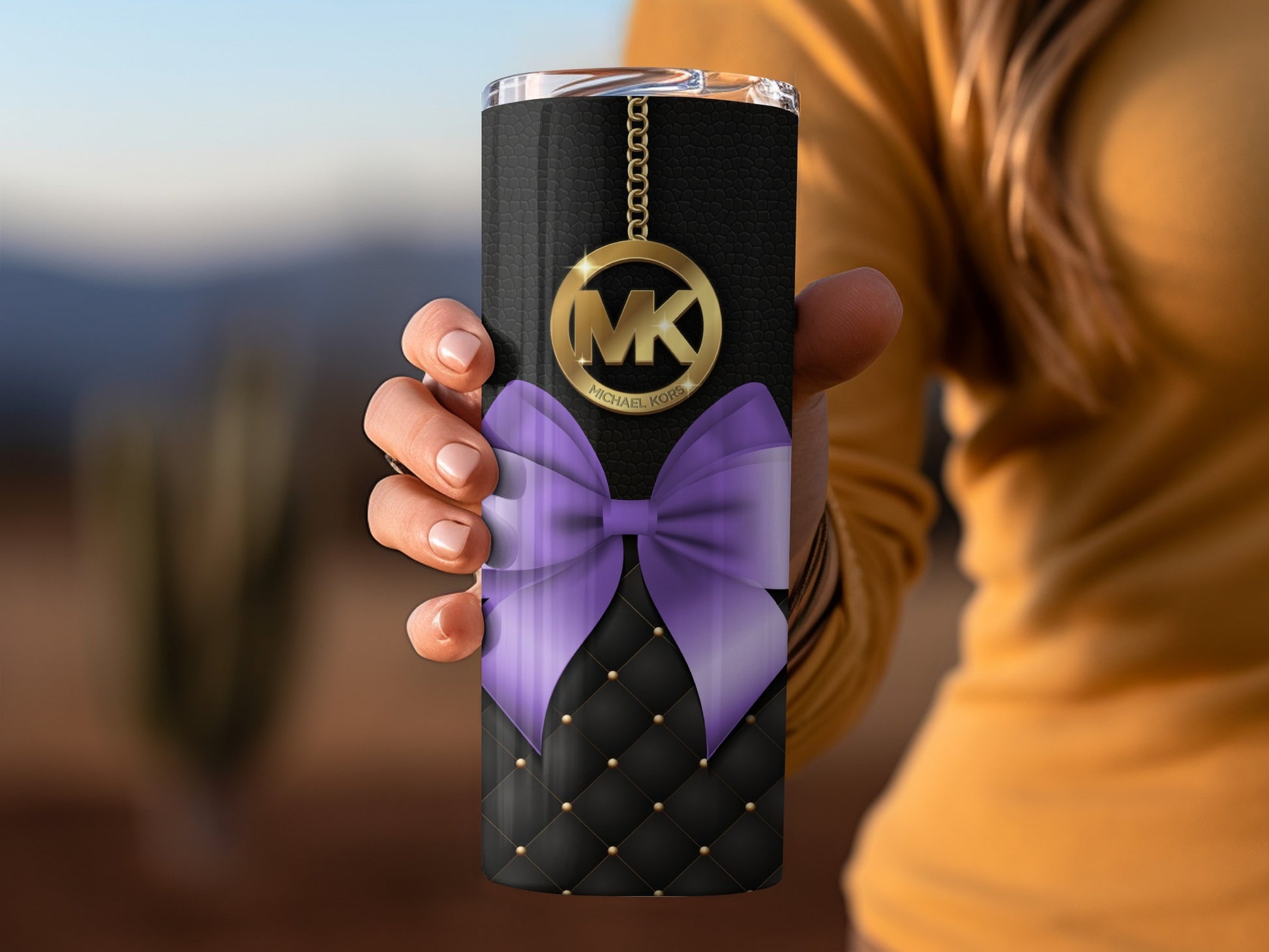 Stylish Black and Purple Tumbler with Gold Chain Design