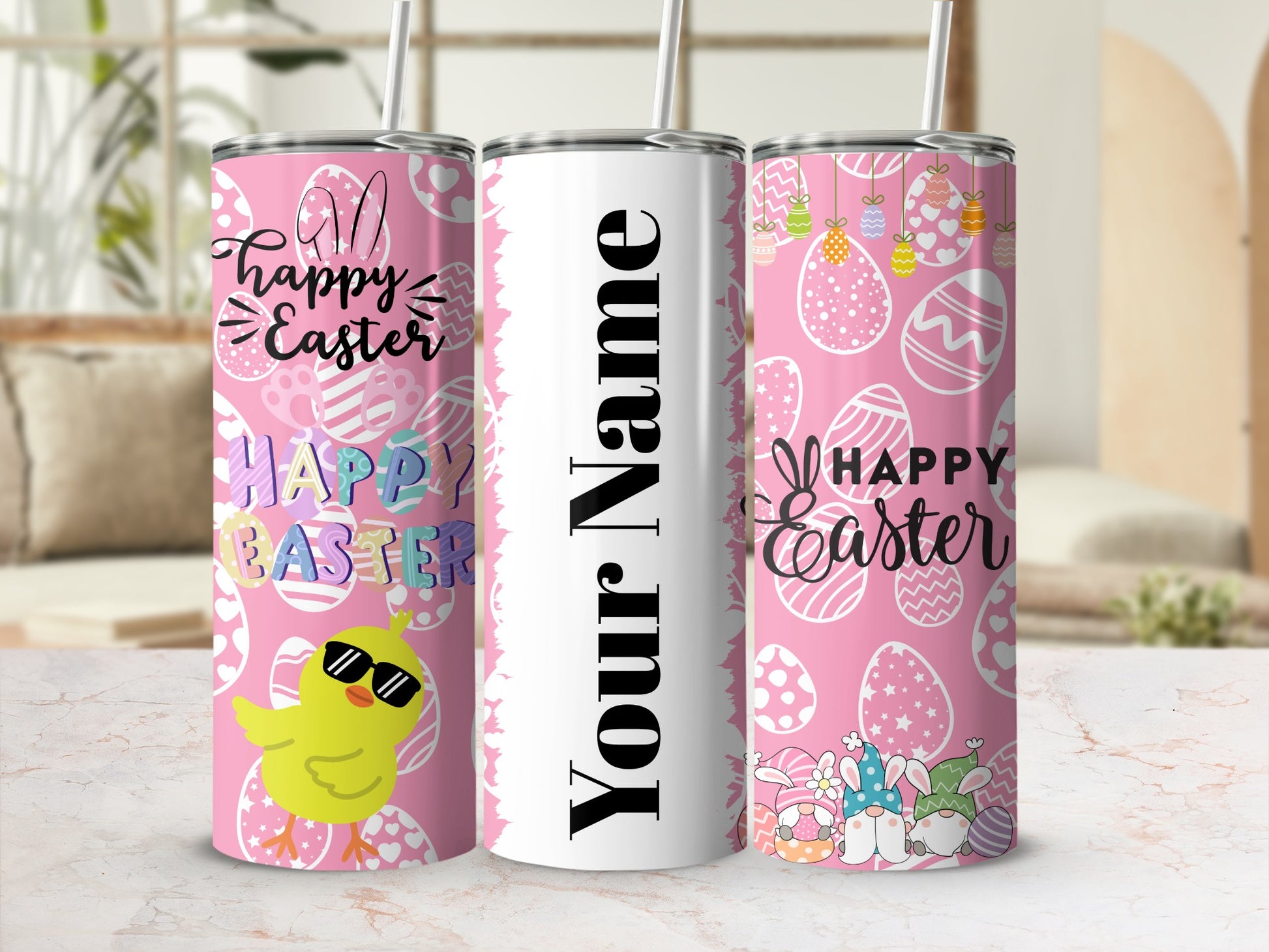 Personalized Happy Easter Themed Tumbler with Straw