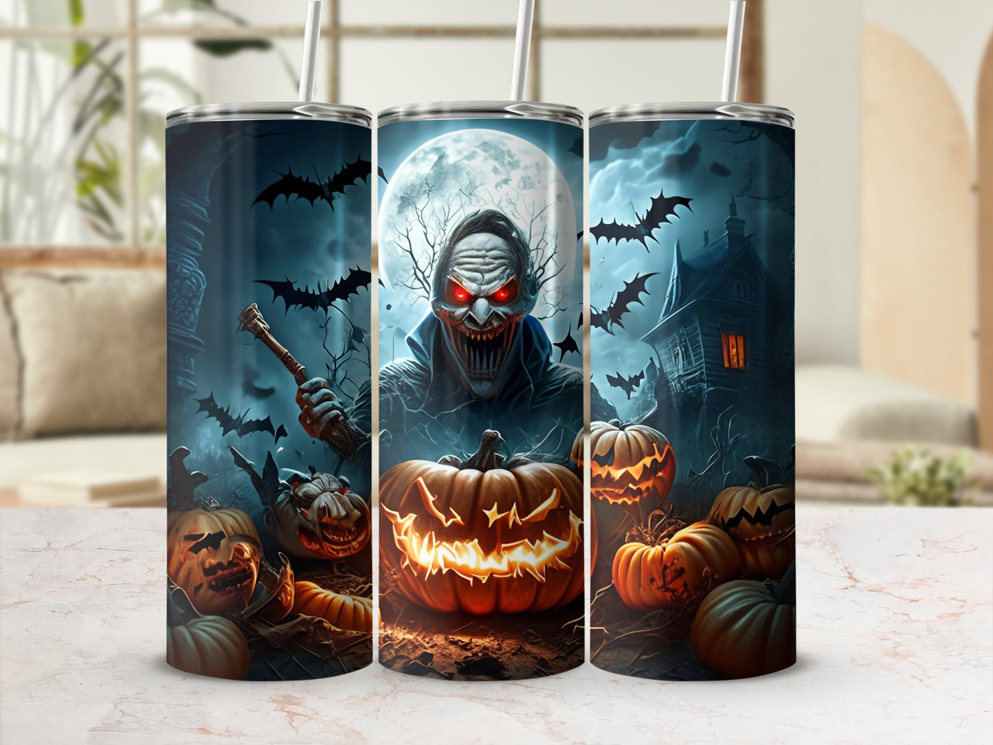 Spooky Halloween Scene with Pumpkins Skinny Tumbler