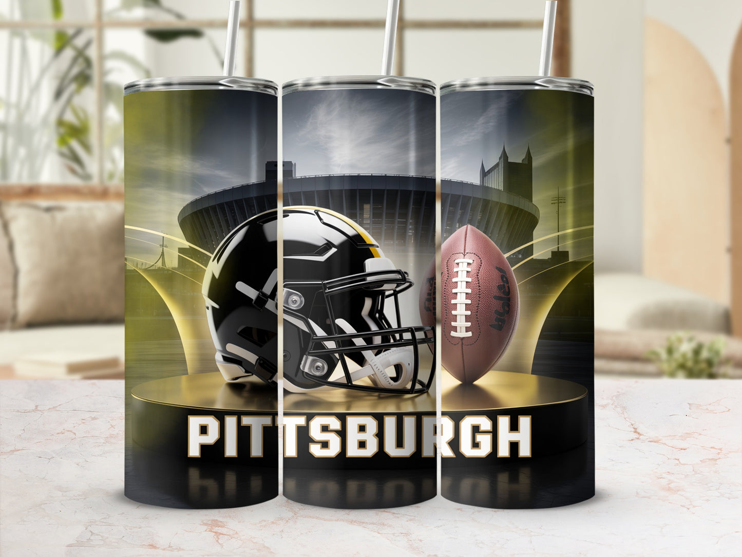 Steelers helmet, football, and stadium on pedestals with "PITTSBURGH" text.