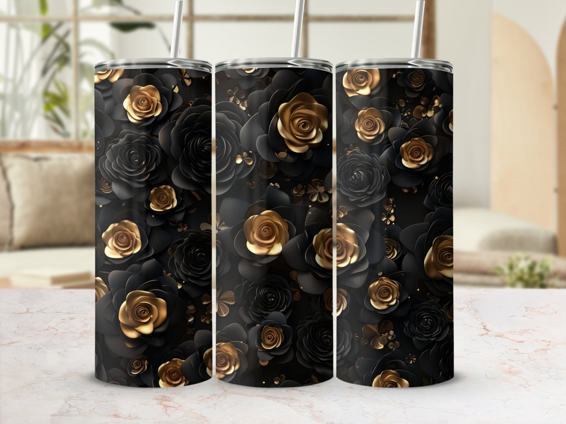 Three tumblers with a black and gold rose floral pattern.