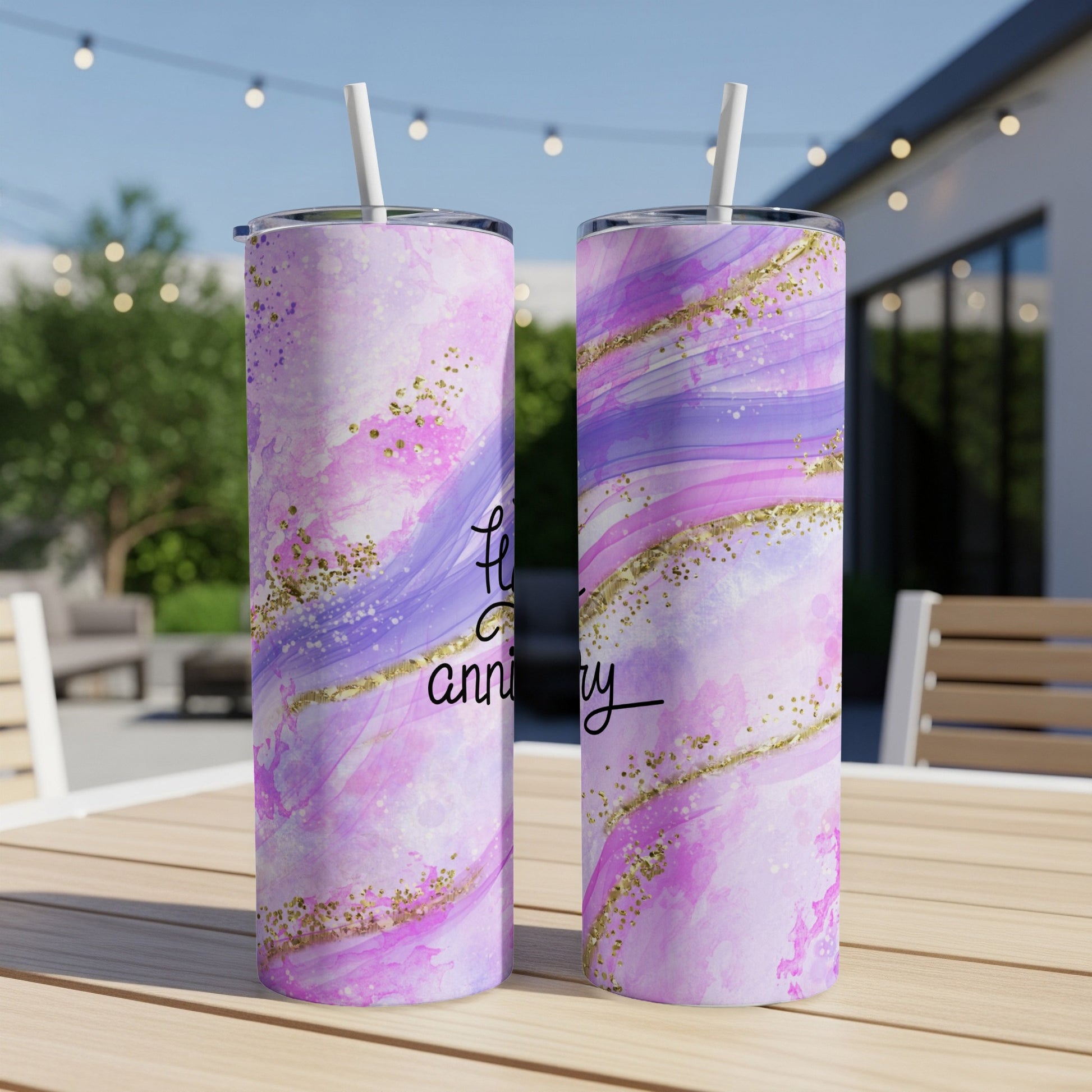 Pink and purple marble tumbler with gold glitter accents and text "Happy Anniversary".