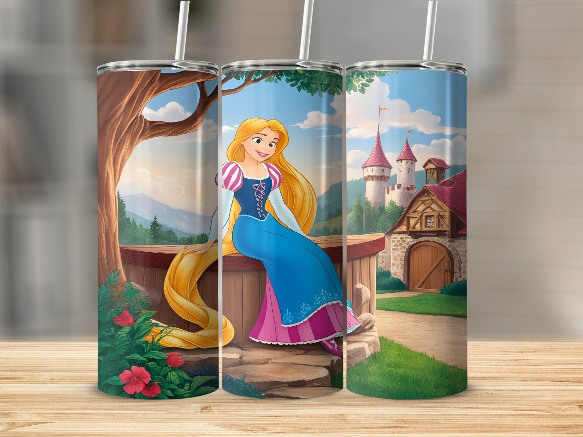 Rapunzel sits on a bench in front of a castle with her long blonde hair.