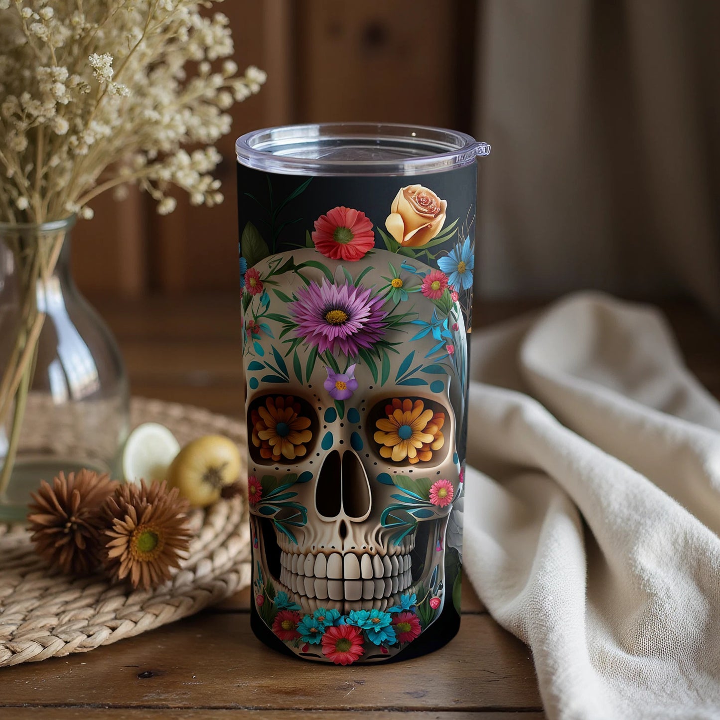 Vibrant Floral Sugar Skull Insulated Tumbler