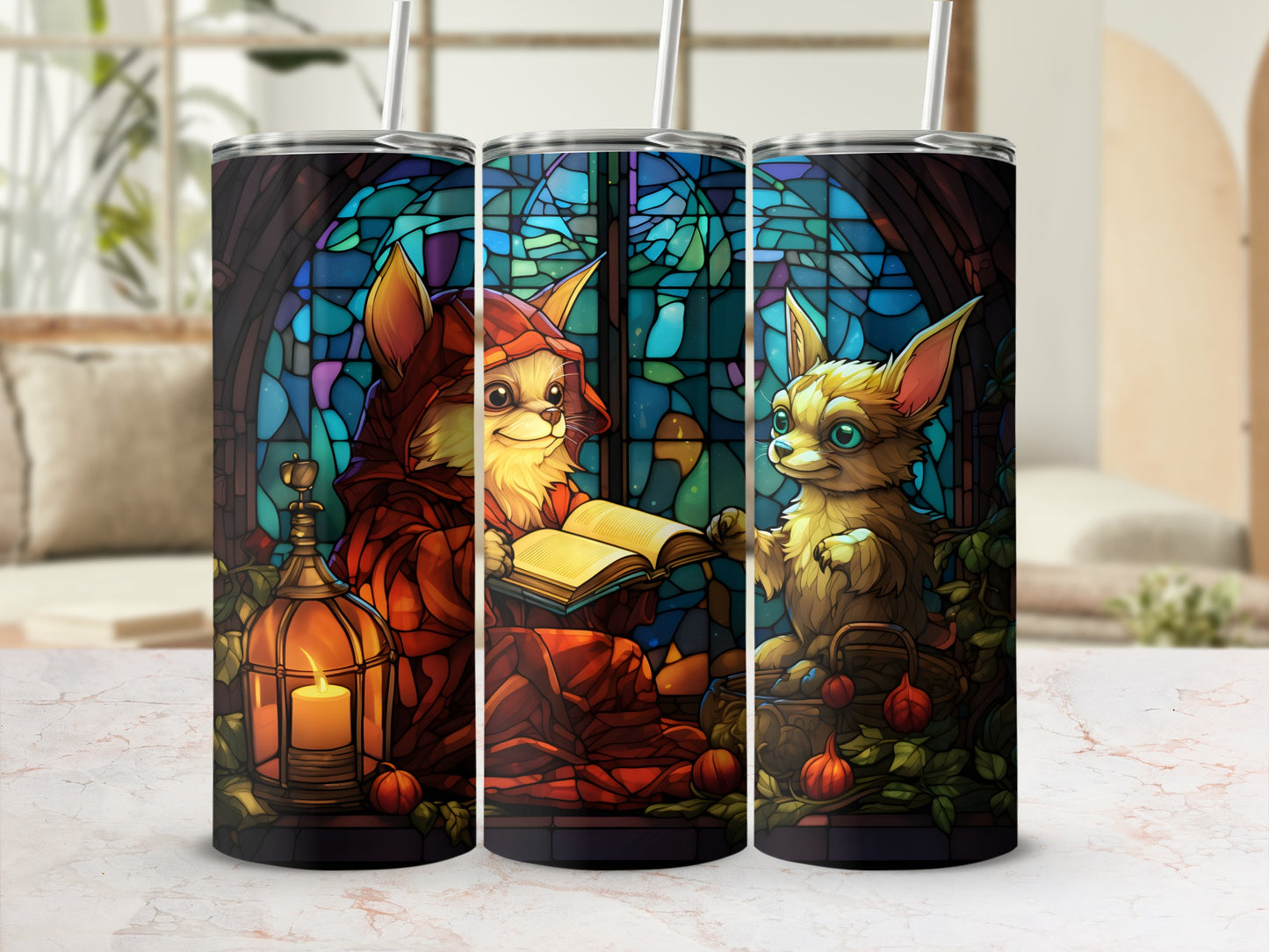 Two foxes in cloaks by a stained-glass window, one reading, the other holding a basket.