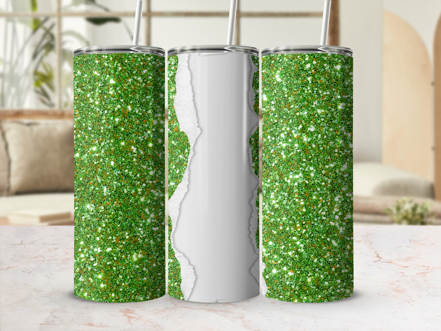 Green glitter tumbler with white torn paper overlay.