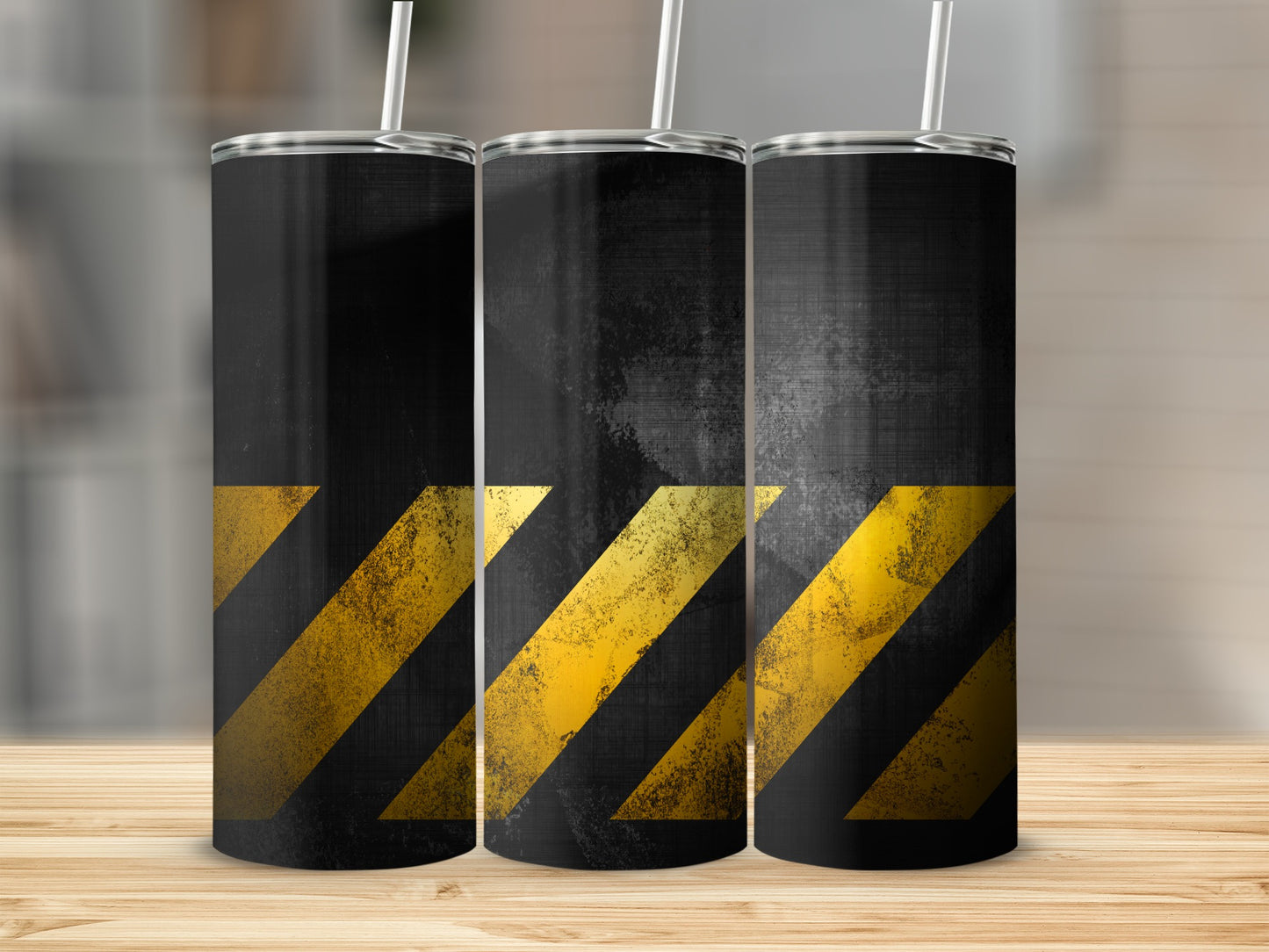 Black Brushed Metal Yellow Caution Stripes Design Tumblers