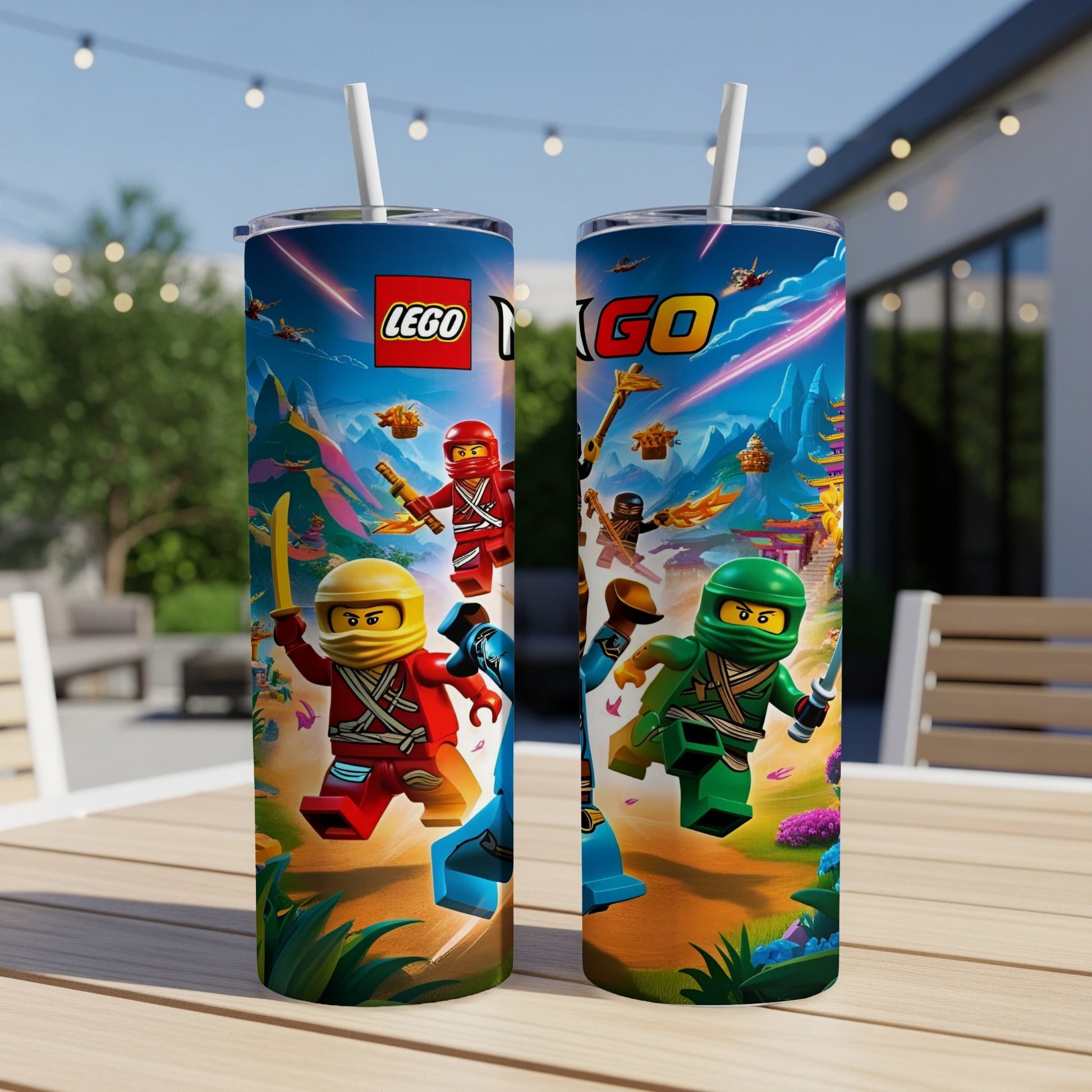 Two Ninjago LEGO characters in action on a colorful, vibrant tumbler.