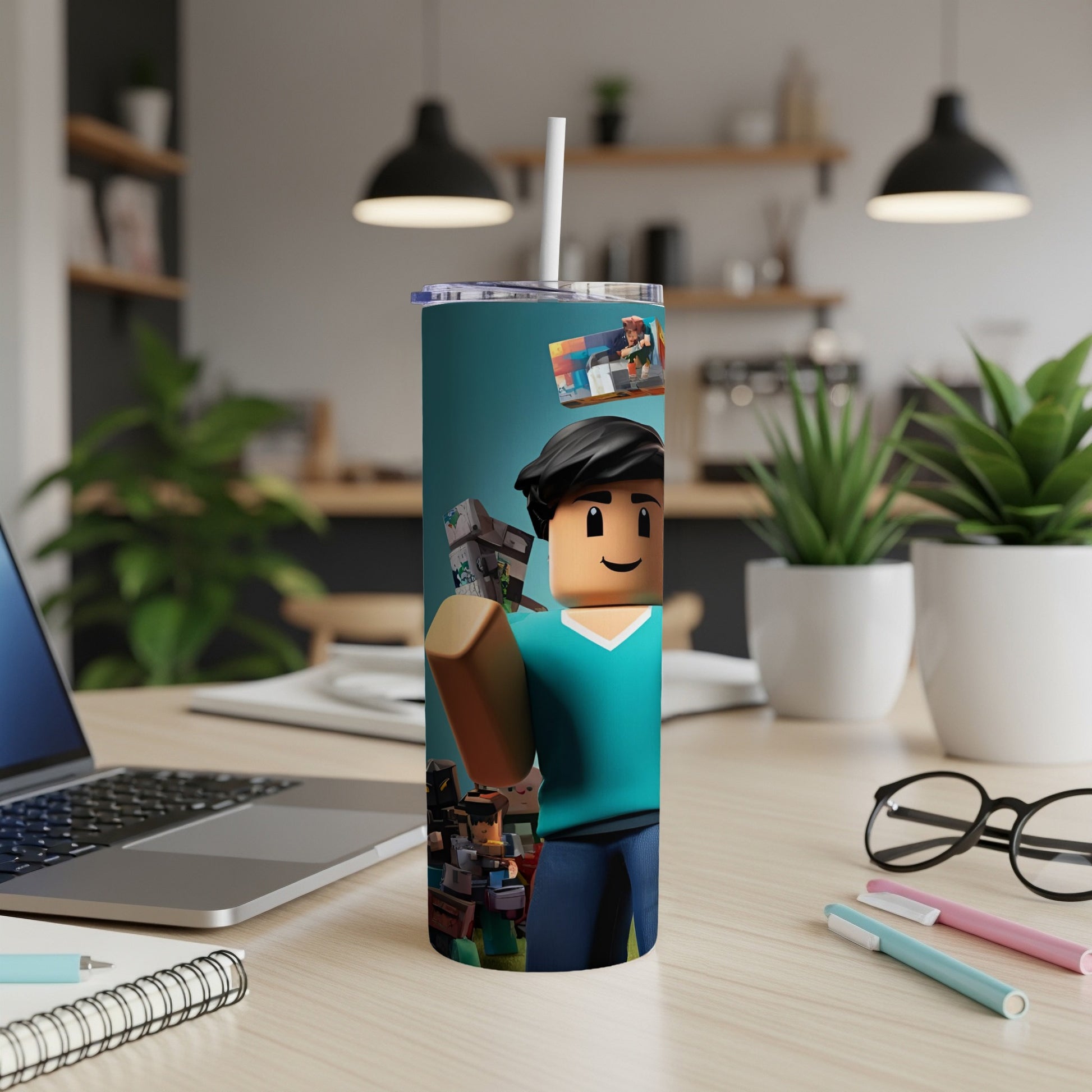 Roblox character in teal shirt holding building blocks on a tumbler.