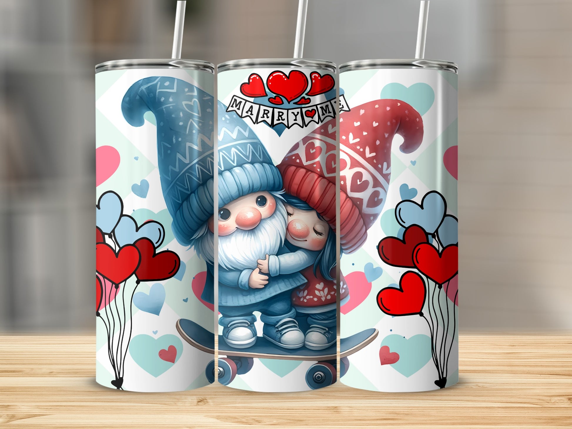 Marry Me Heart Balloons and Gnomes Tumbler Design