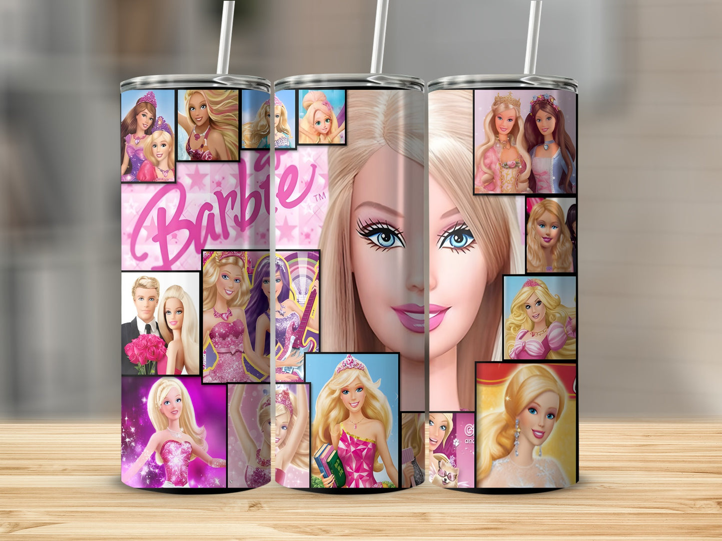 Barbie collage on a tumbler, featuring various Barbie dolls and the word "Barbie" in pink.