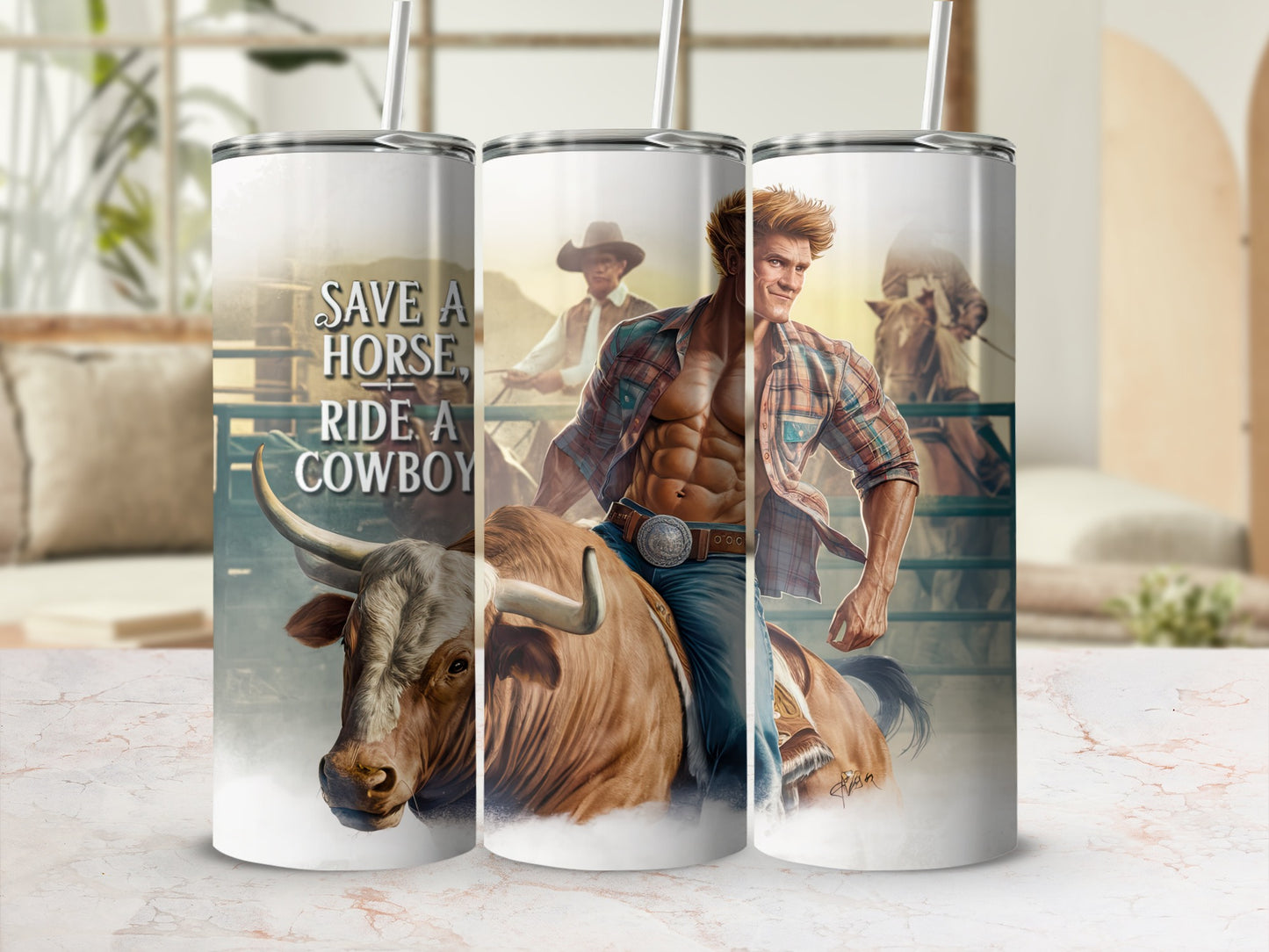 Man in plaid shirt riding bull with "Save a horse, ride a cowboy" text.