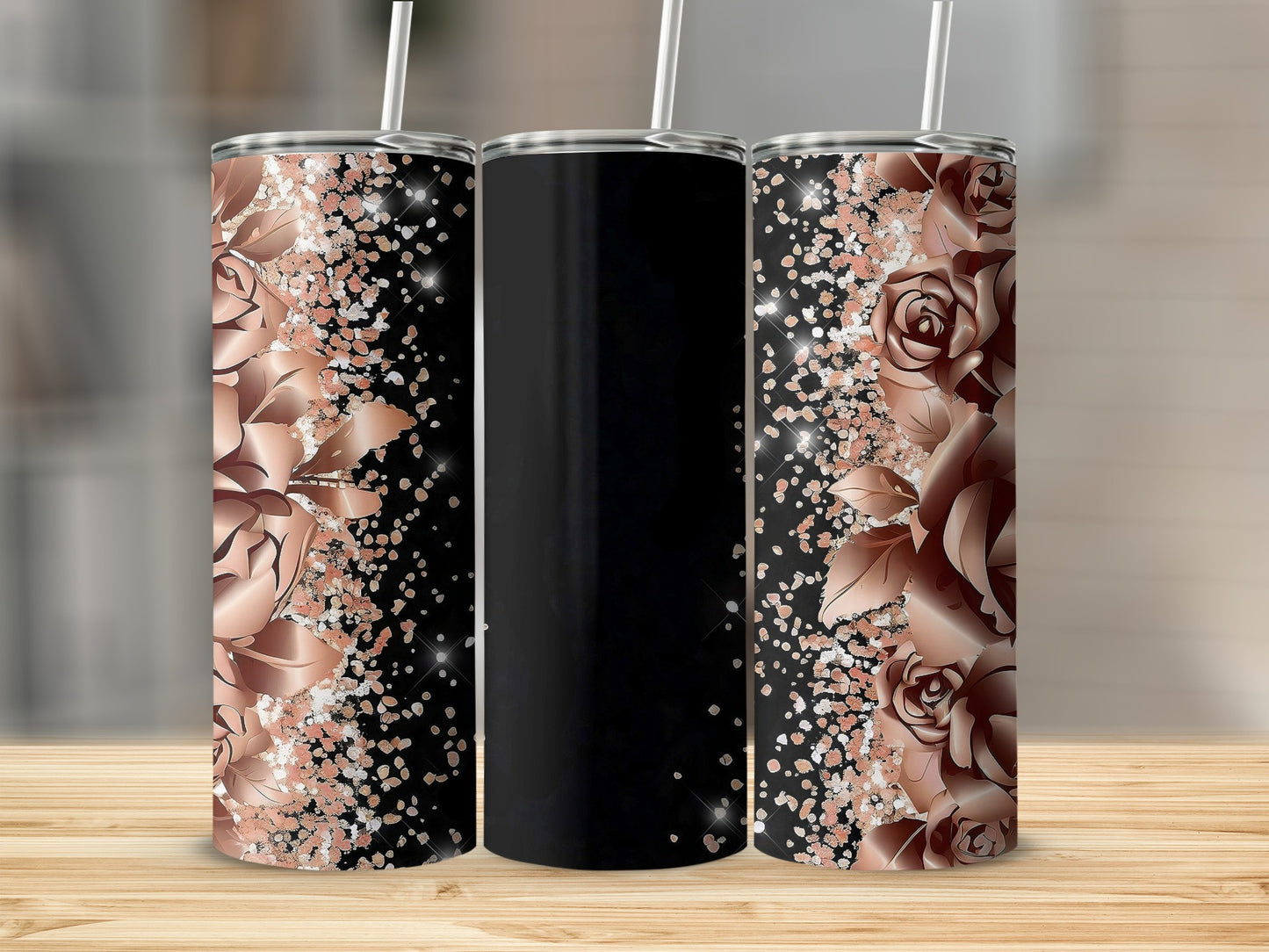 Three rose-patterned tumblers with rose gold glitter accents.