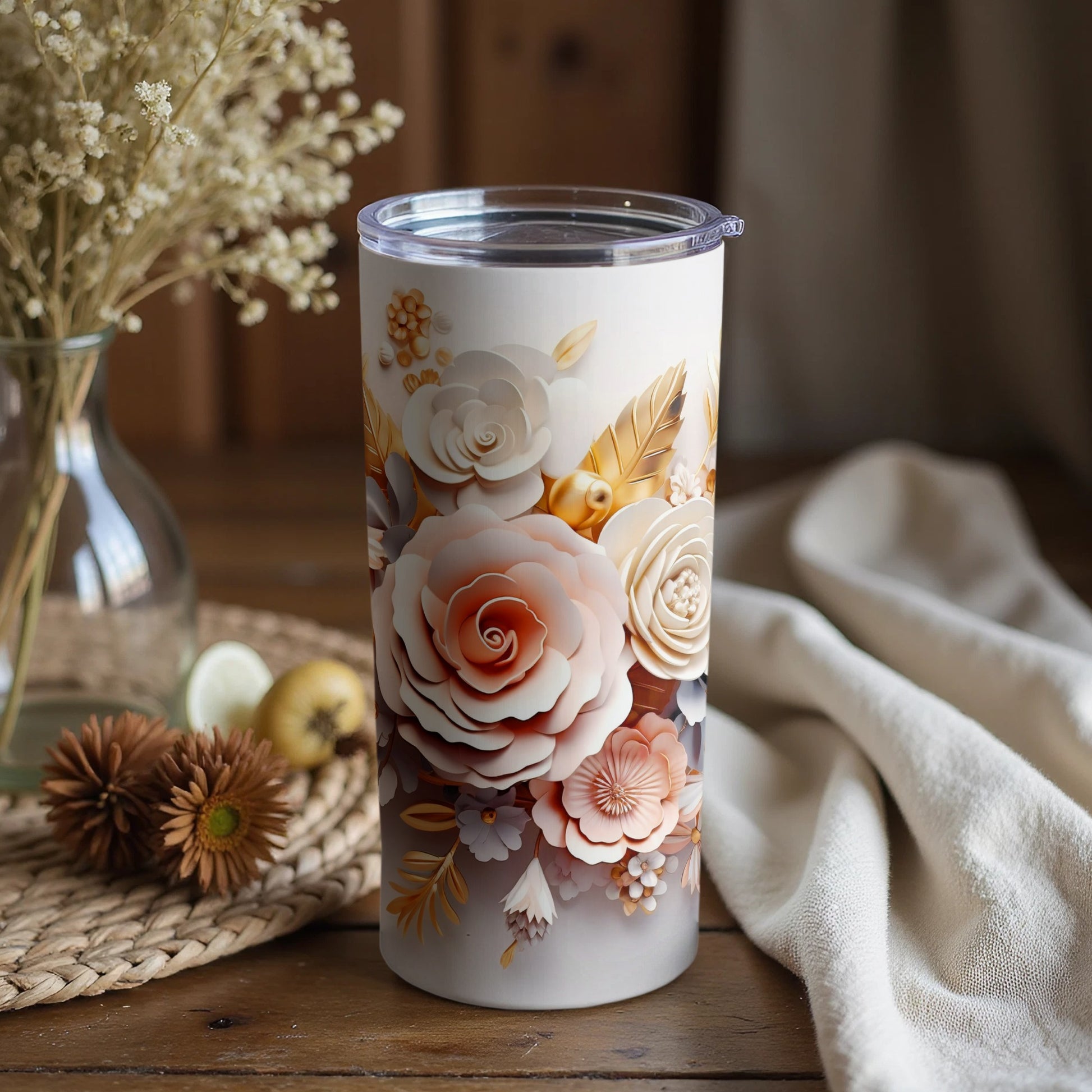 Floral Design Travel Coffee Mug Tumbler with Lid