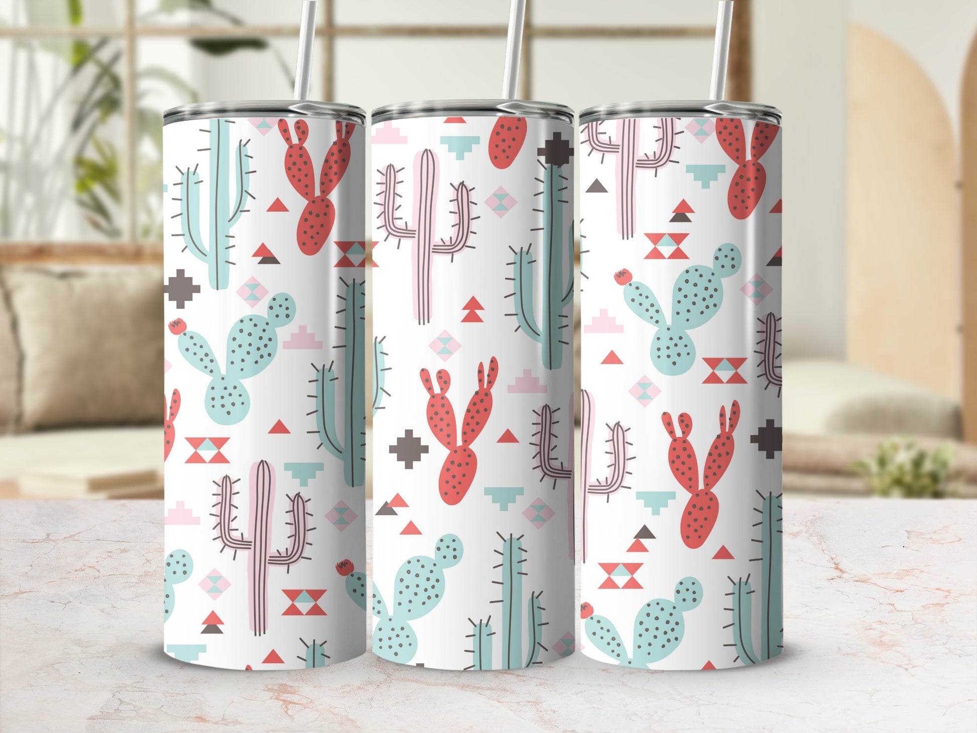Three tumblers with a white background, featuring a southwest cactus and geometric pattern.