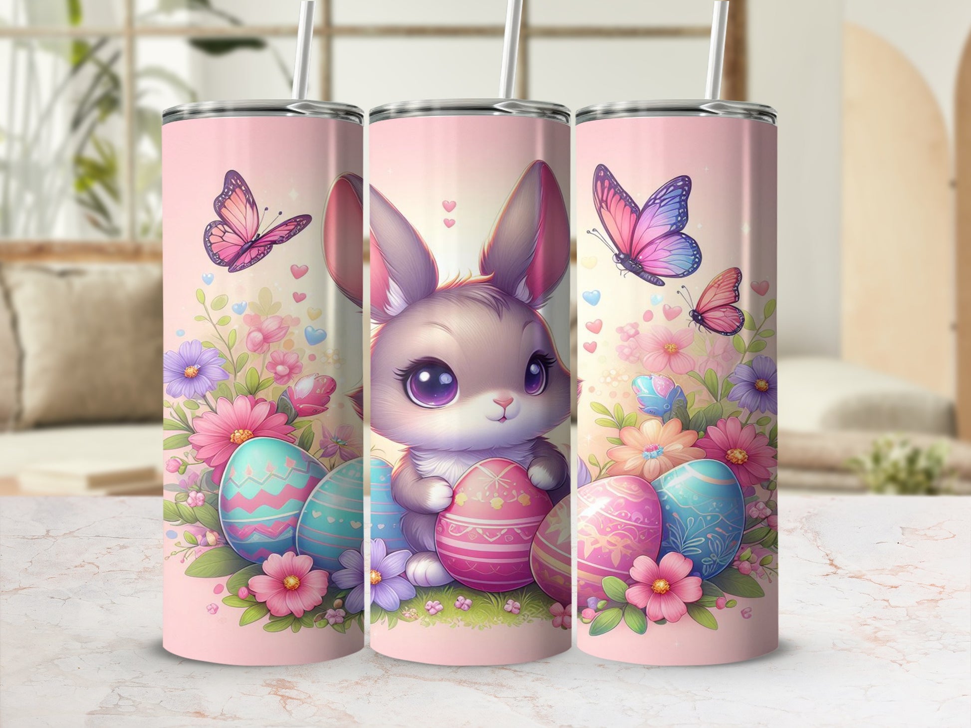 Easter bunny and colorful eggs surrounded by flowers and butterflies.