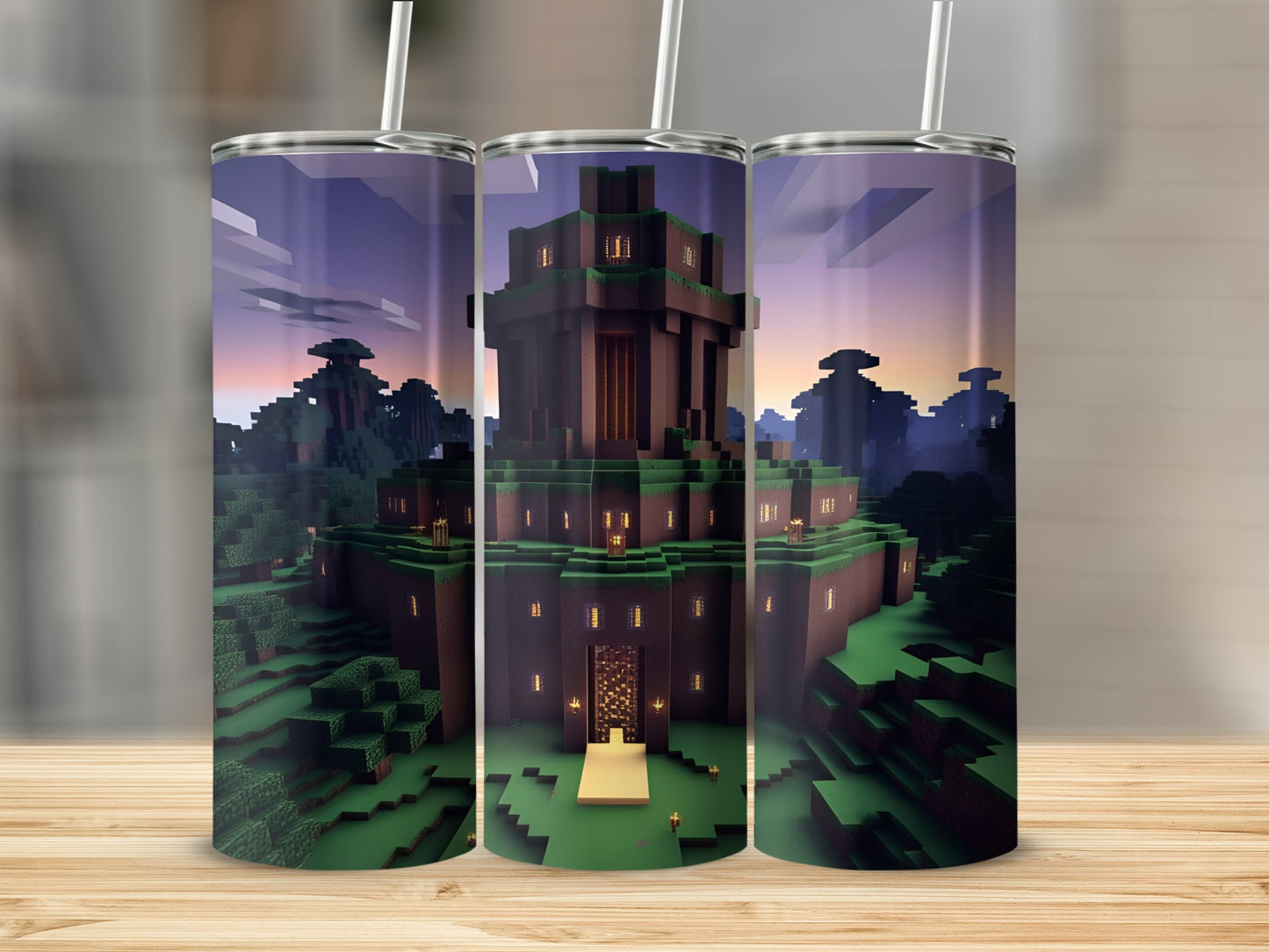 Minecraft-style castle with glowing windows on a forest landscape.