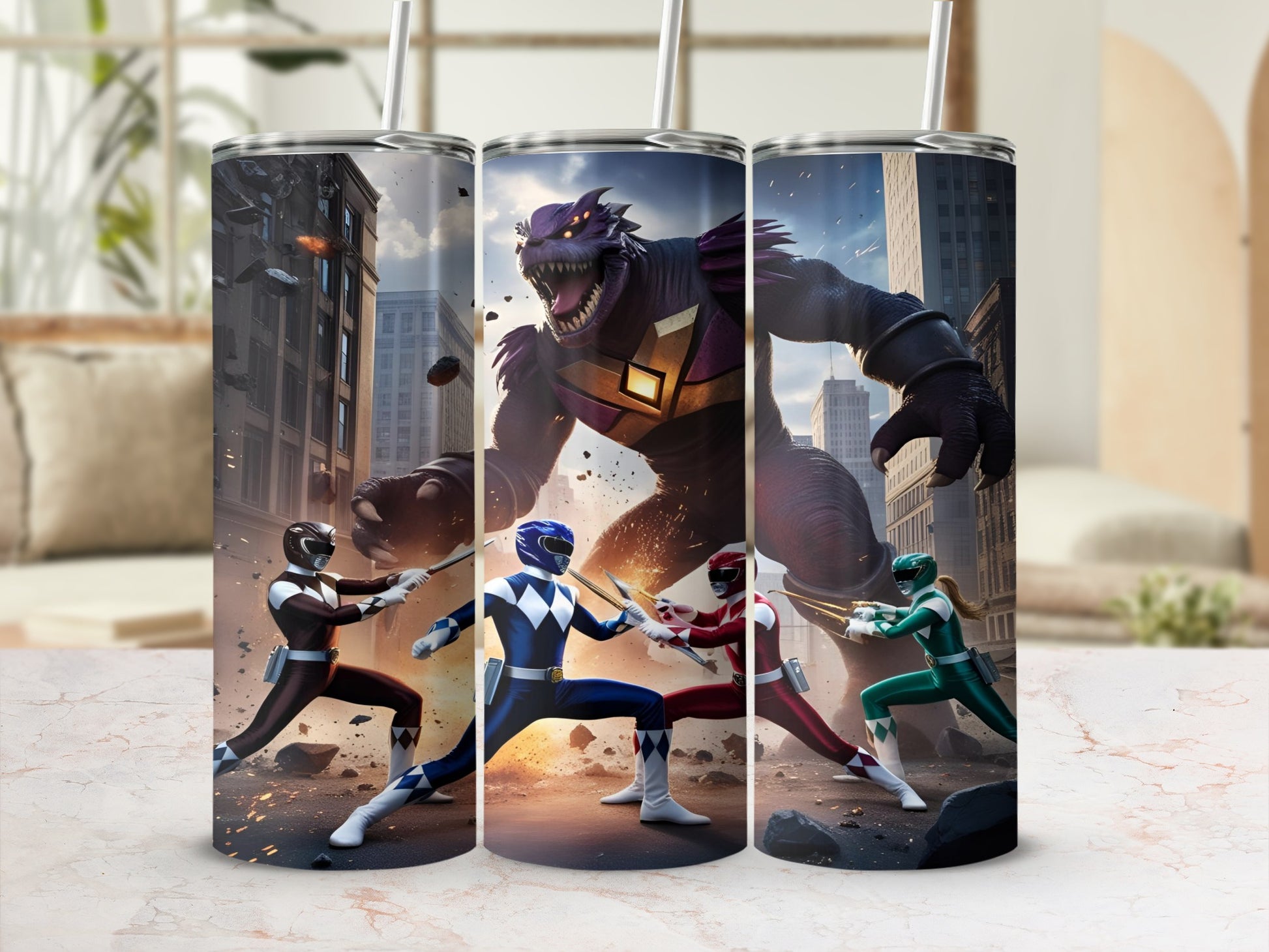 Three Power Rangers fighting a purple monster in a city setting.