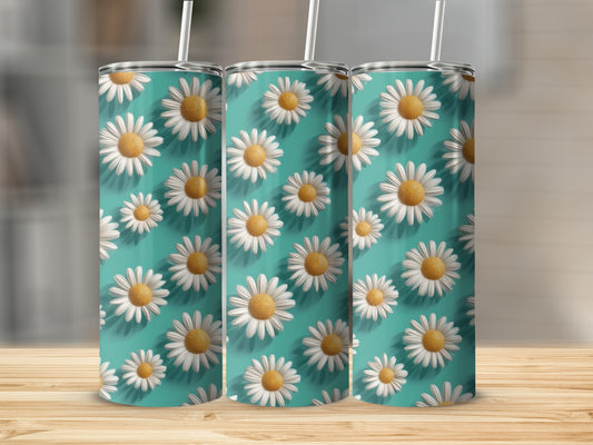 Three tumblers with a repeating daisy floral pattern on a teal background.