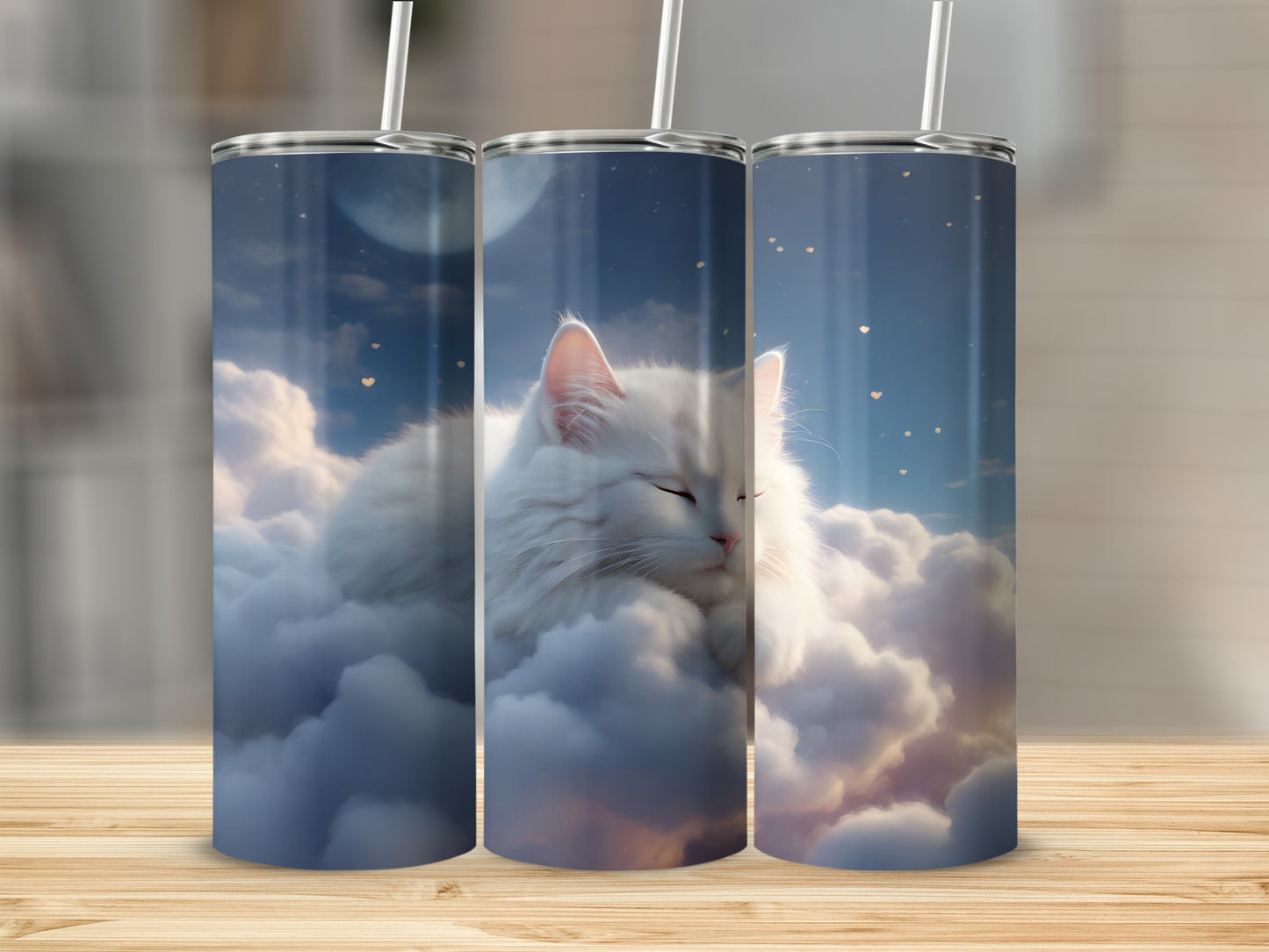 Sleeping White Cat Clouds Moon Stars Dreamy Night product type