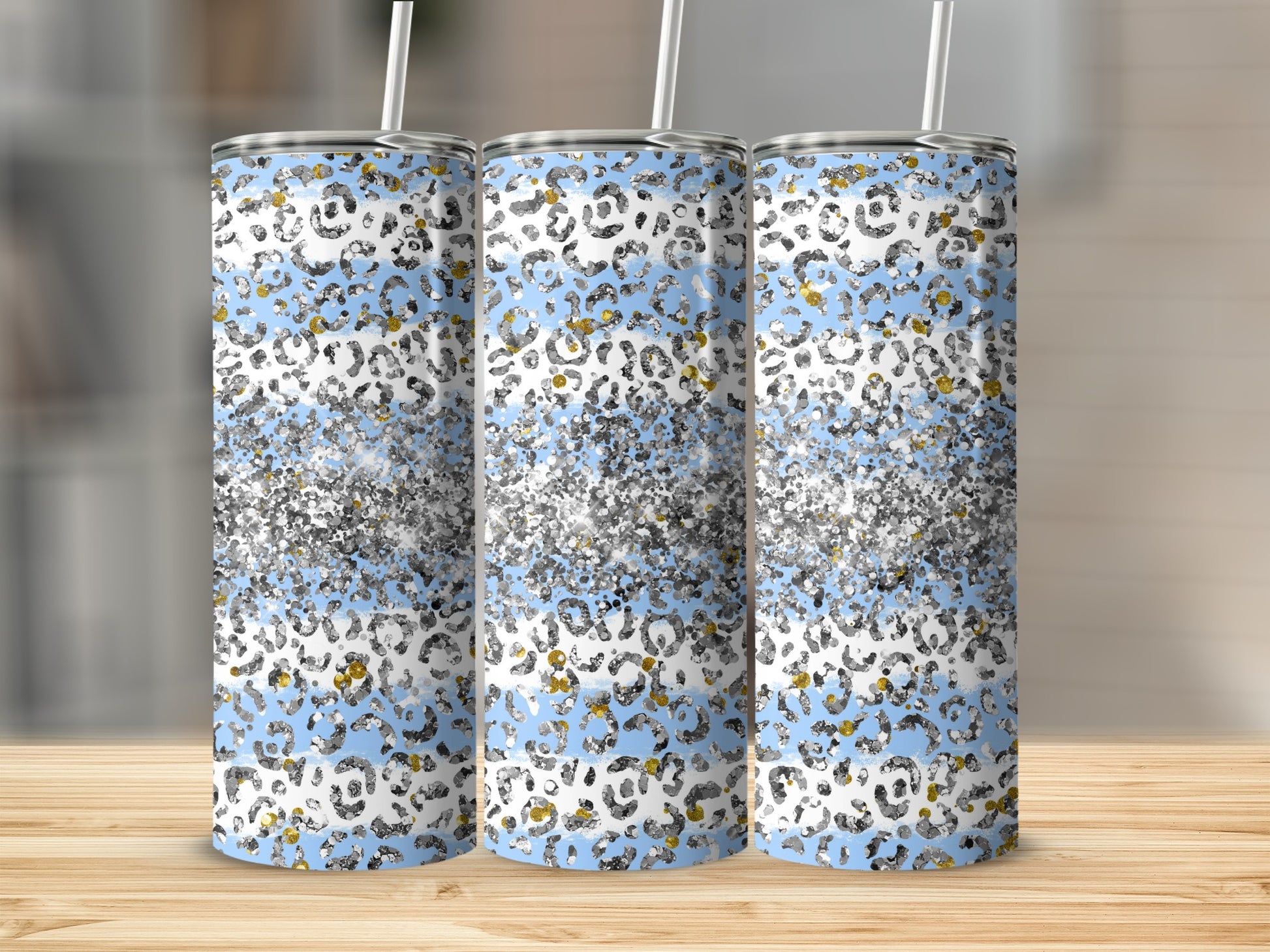 Blue and White Leopard Print Glitter Tumbler