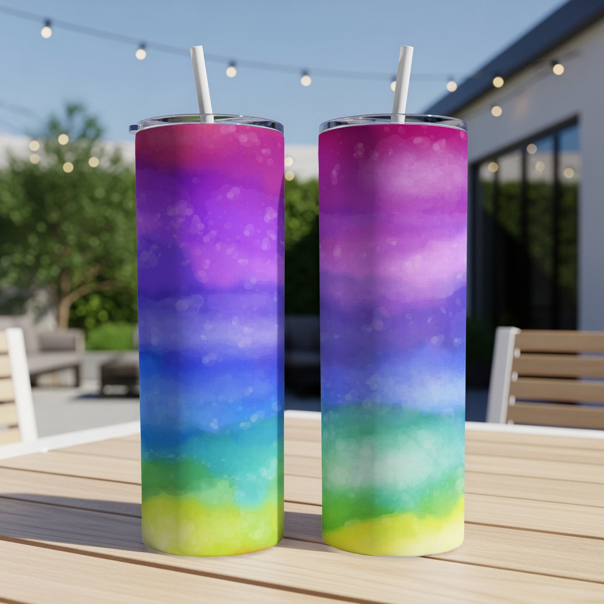 Two tall, skinny tumblers with a watercolor rainbow design and white straws sit on a wooden table.