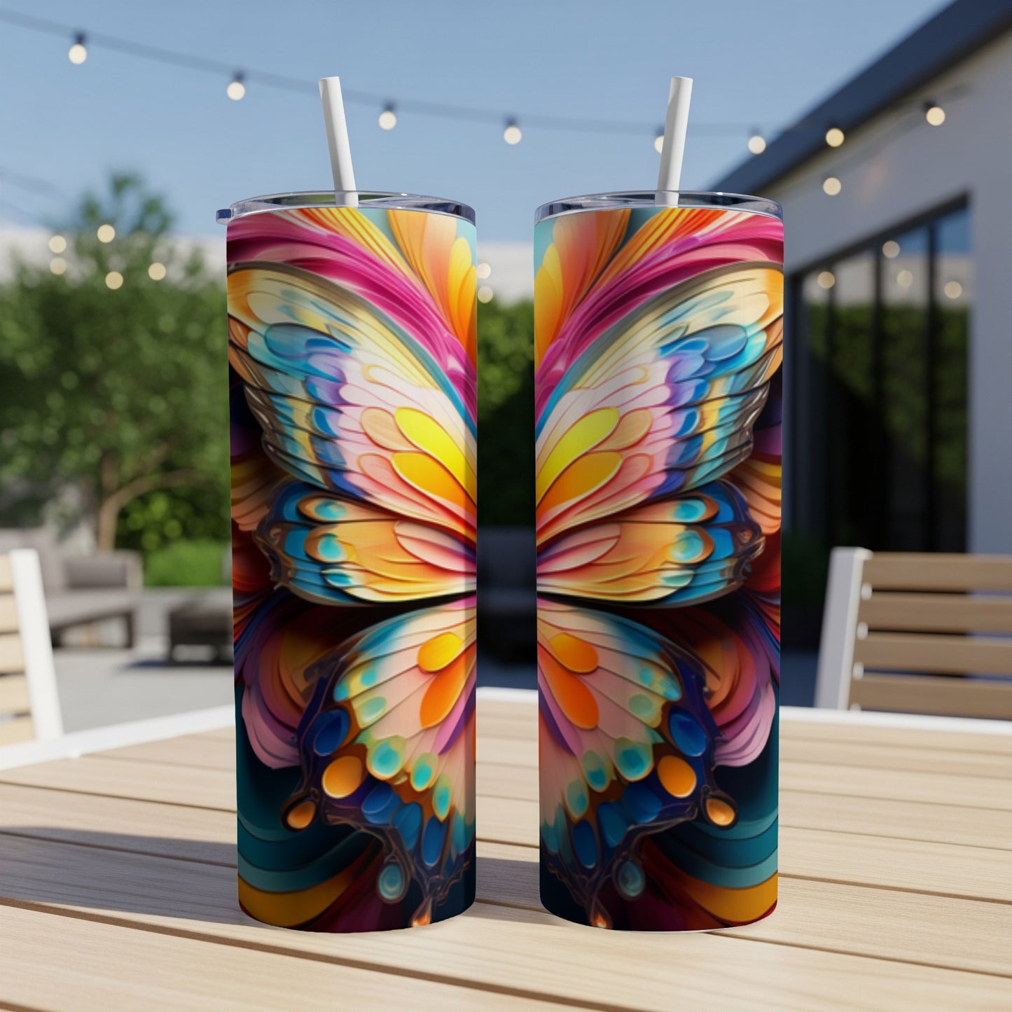 Two colorful butterfly wing tumblers on a wooden table outdoors.