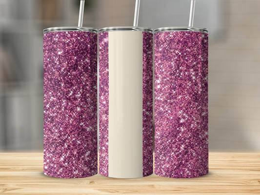 Three glittery purple tumblers with a cream-colored section on a wooden surface.